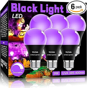 LED Black Light Bulbs 6 Pack, A19 9W UV Black Light Replace Up to 100W, 120V E26 Base UVA Level 385-400nm, Glow in The Dark for Body Pain, Blacklights Party, Halloween