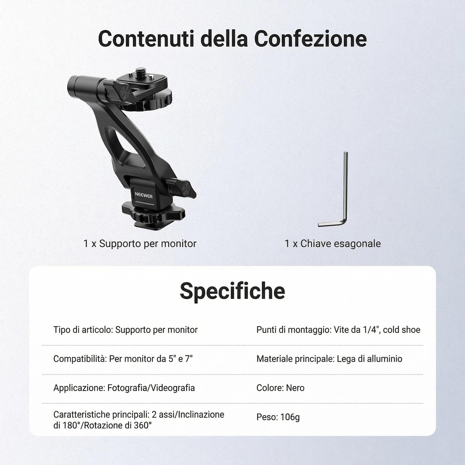 NEEWER Adattatore Monitor a 2 Assi, Supporto per Monitor da Campo 5"/7" con Cold Shoe, Vite Antitorsione 1/4", Rotazione 360° Inclinazione 180°, Accessori Fotocamera per Fotografia Videografia, MA023