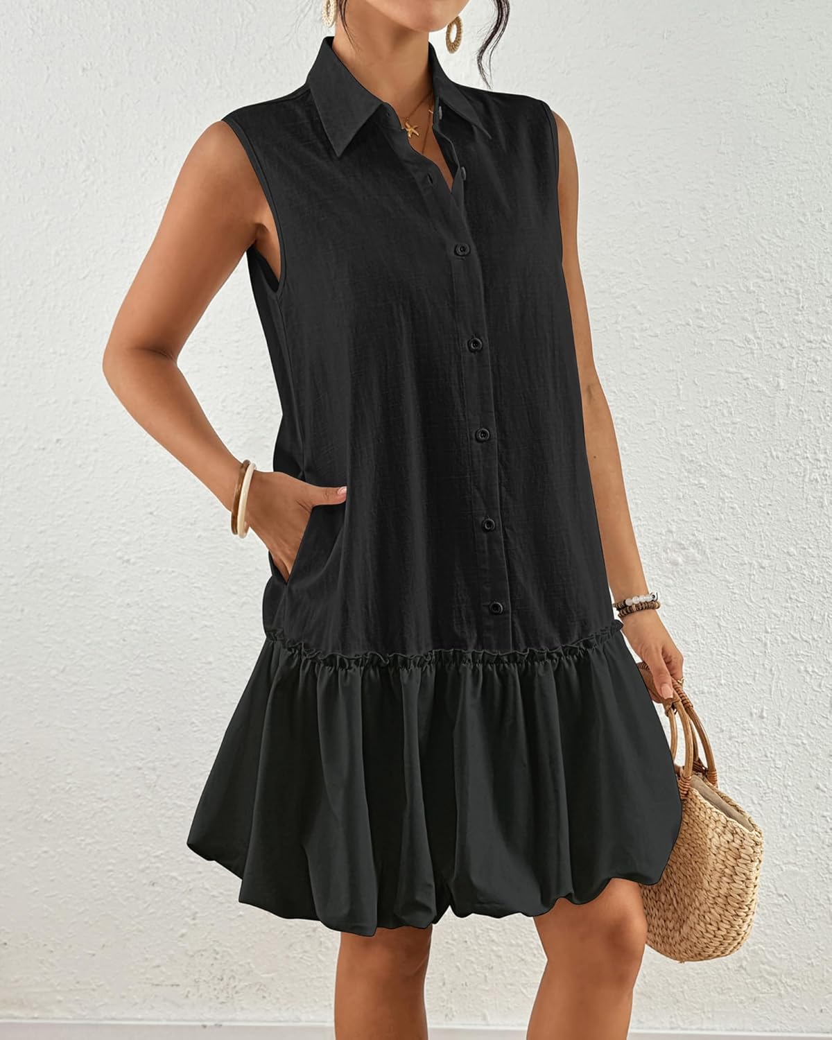 Bsubseach Womens Casual Summer Dresses Sleeveless Linen Bubble Mini Short Dress Button Down Shirt Sundress with Pockets - Image 3