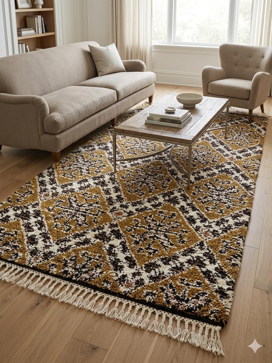 Moroccan Wool Rug 6' x 9' – Handmade Berber Shag Area Rug, Ochre and Cream Traditional Diamond Pattern, Atlas Artisan Wool Carpet (No Fringe)
