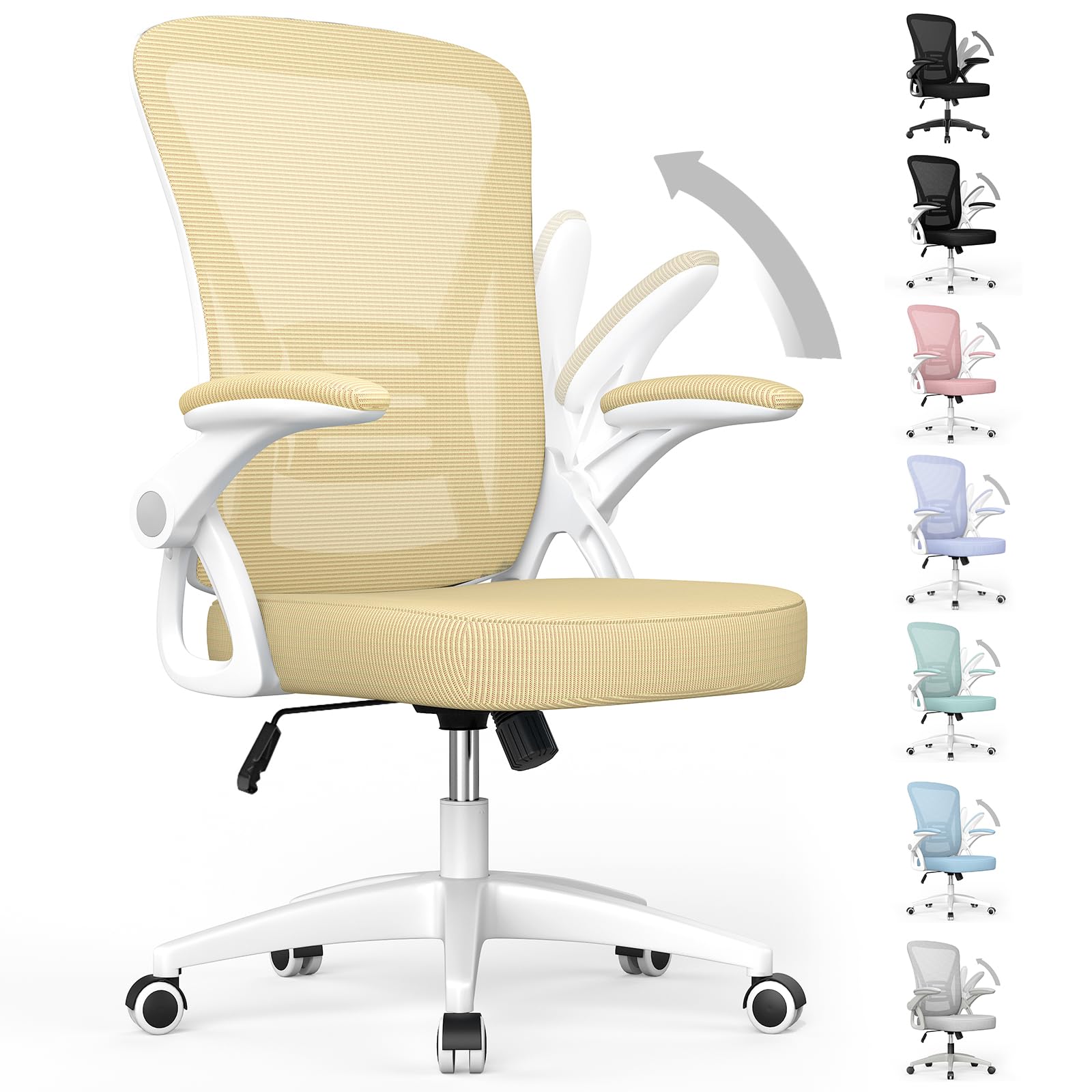 naspaluro Ergonomic Office Chair, Computer Chair with Adjustable Height, Flip-Up Arms and Lumbar Support, Breathable Mesh Desk Chair for Home Study Working (Without Headrest, Light Yellow)