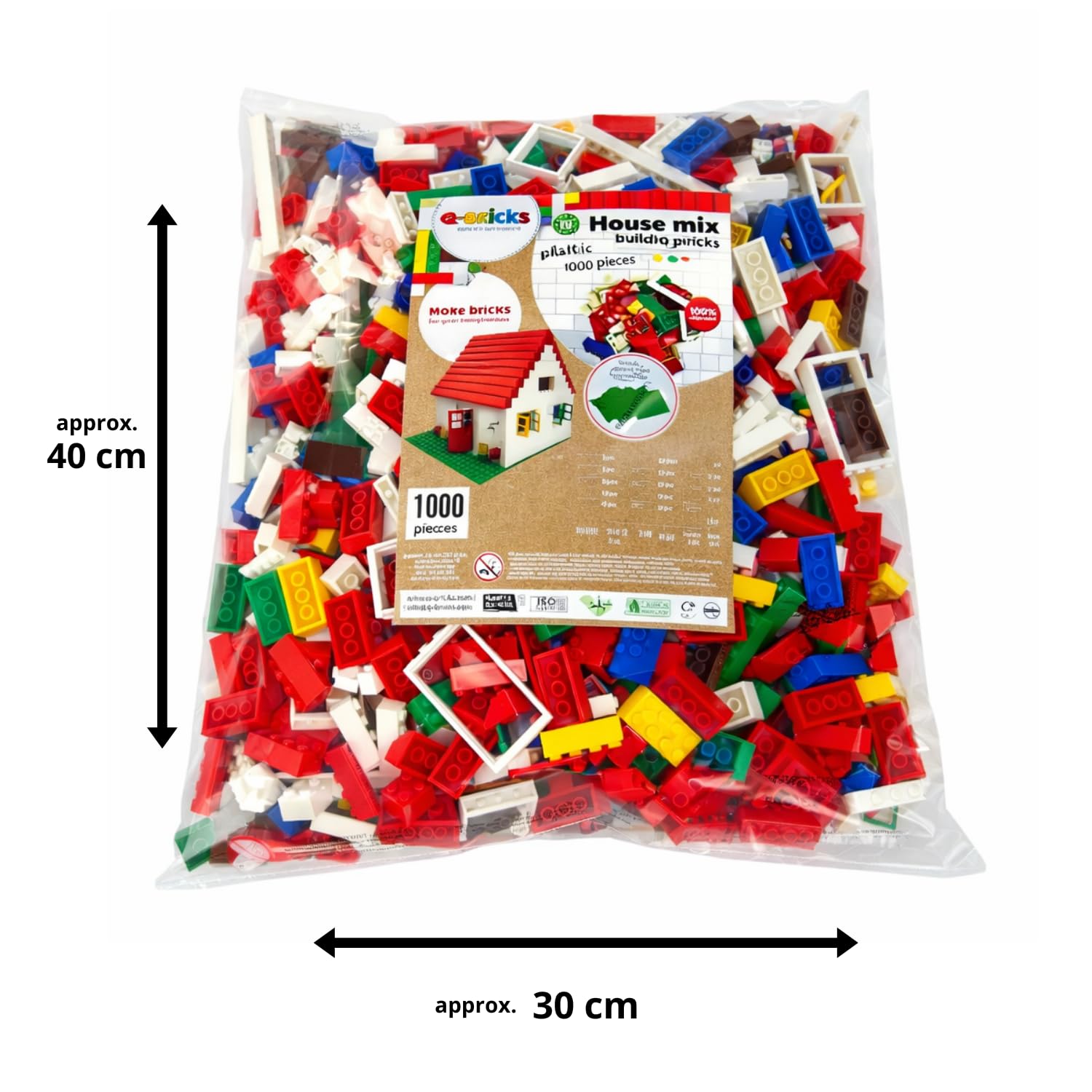 Set Creativo con Mattoni Classici | Set da 1000 pezzi | 19 forme comprendono porte, finestre, tegole e baseplate | 8 colori | Mix di case in colori di base