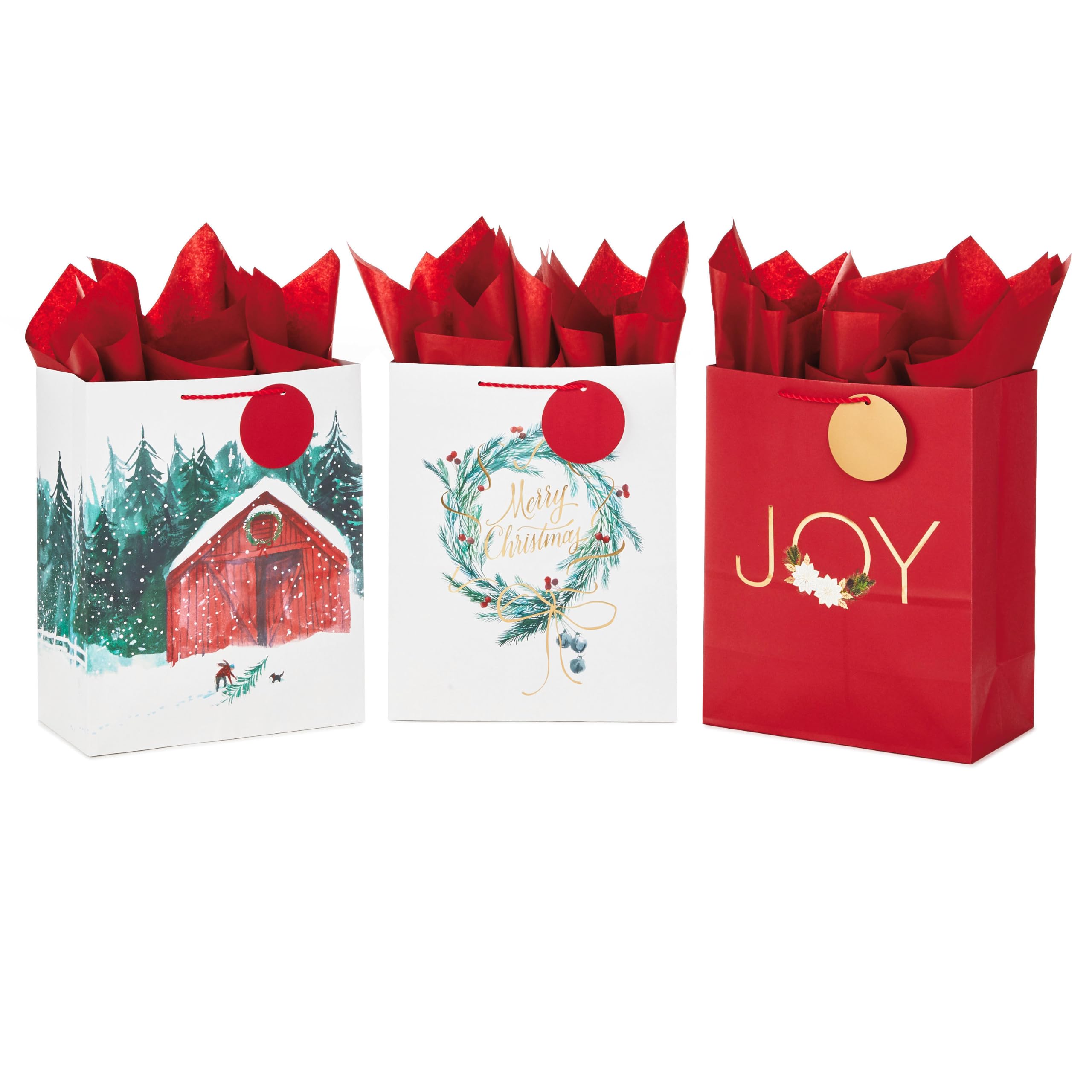 Hallmark 0005XGB1395 Geschenktüten-Sortiment mit Seidenpapier (3 Beutel) rote Bundle, Papier, Kranz, Freude und Scheune