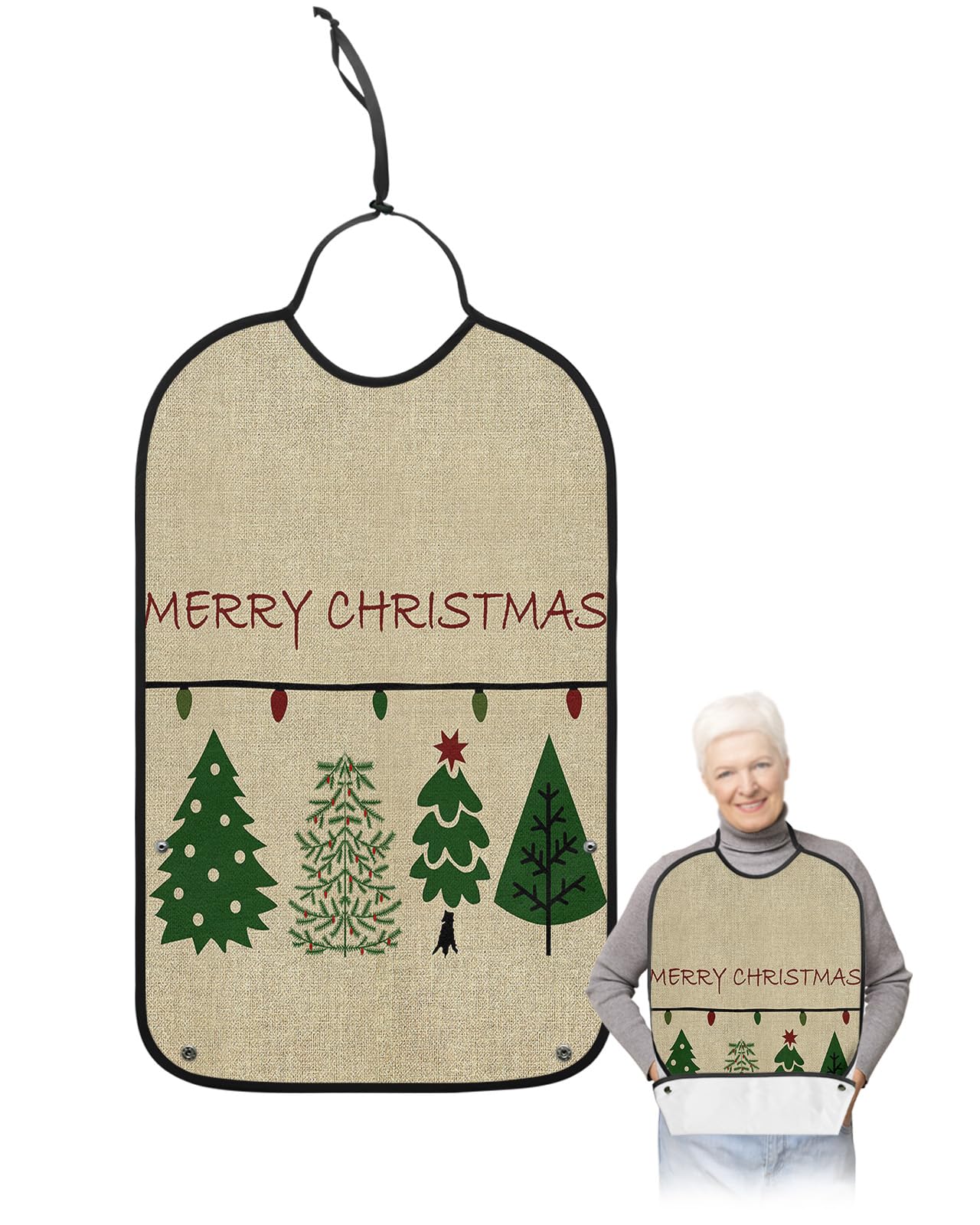 Christmas Adult Bib for Eating with Crumb Catcher,Washable & Waterproof Terry Cloth Adjustable Elderly Women Men Adult Bibs Funny Clothing Protector Vintage Xmas Tree Winter New Year Boho Polka Dot