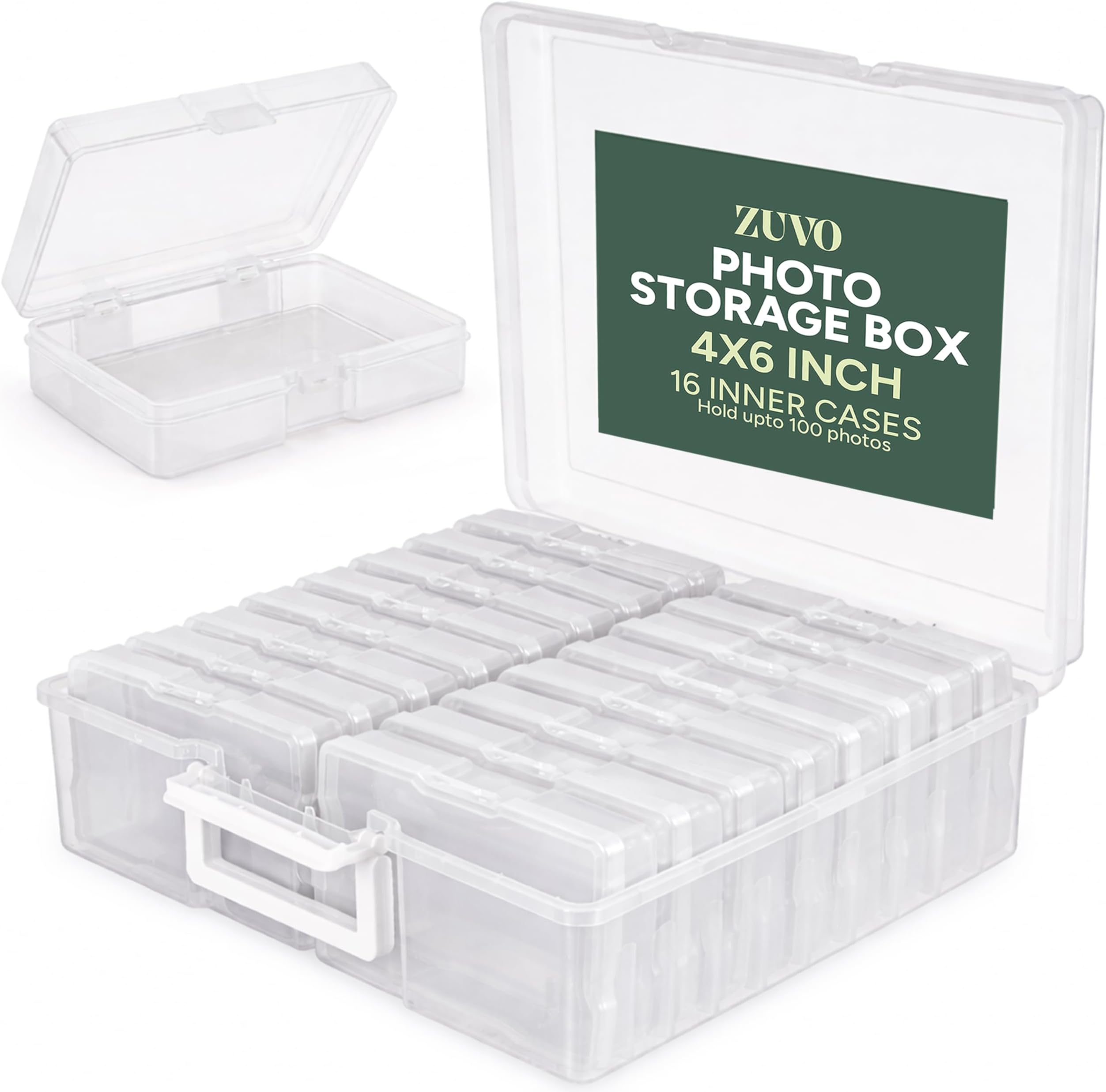 Zuvo Photo Storage Box – 16 Cases & Removable Dividers for 6x4 Photos, Craft, Jewellery & Stationery | Portable Plastic Organiser, Holds 1,600 Photos