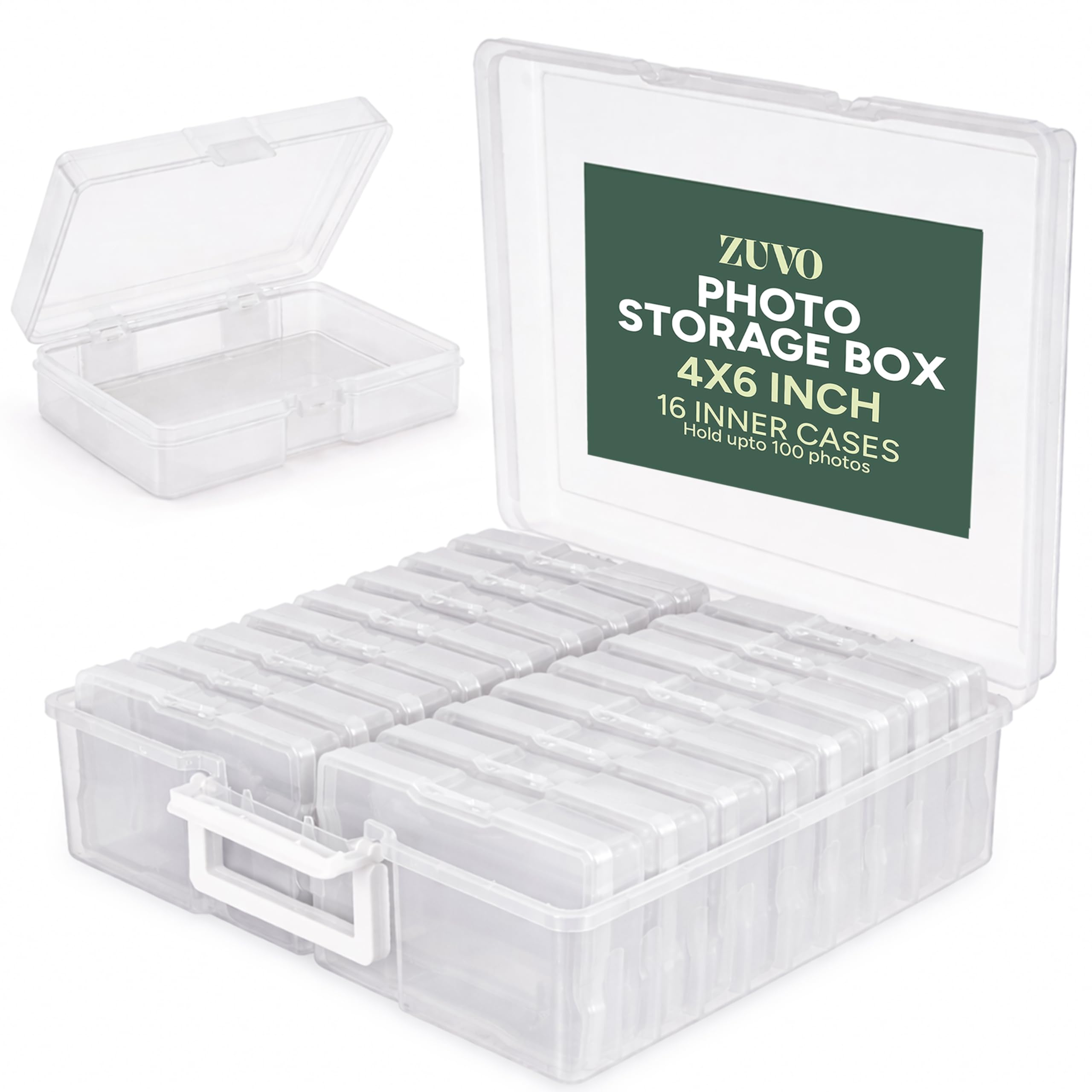 Zuvo Caja de almacenamiento de fotos de plástico con 16 estuches y separadores extraíbles para organizar fotografías, sellos, papelería, joyas, semillas, juguetes, artes y manualidades