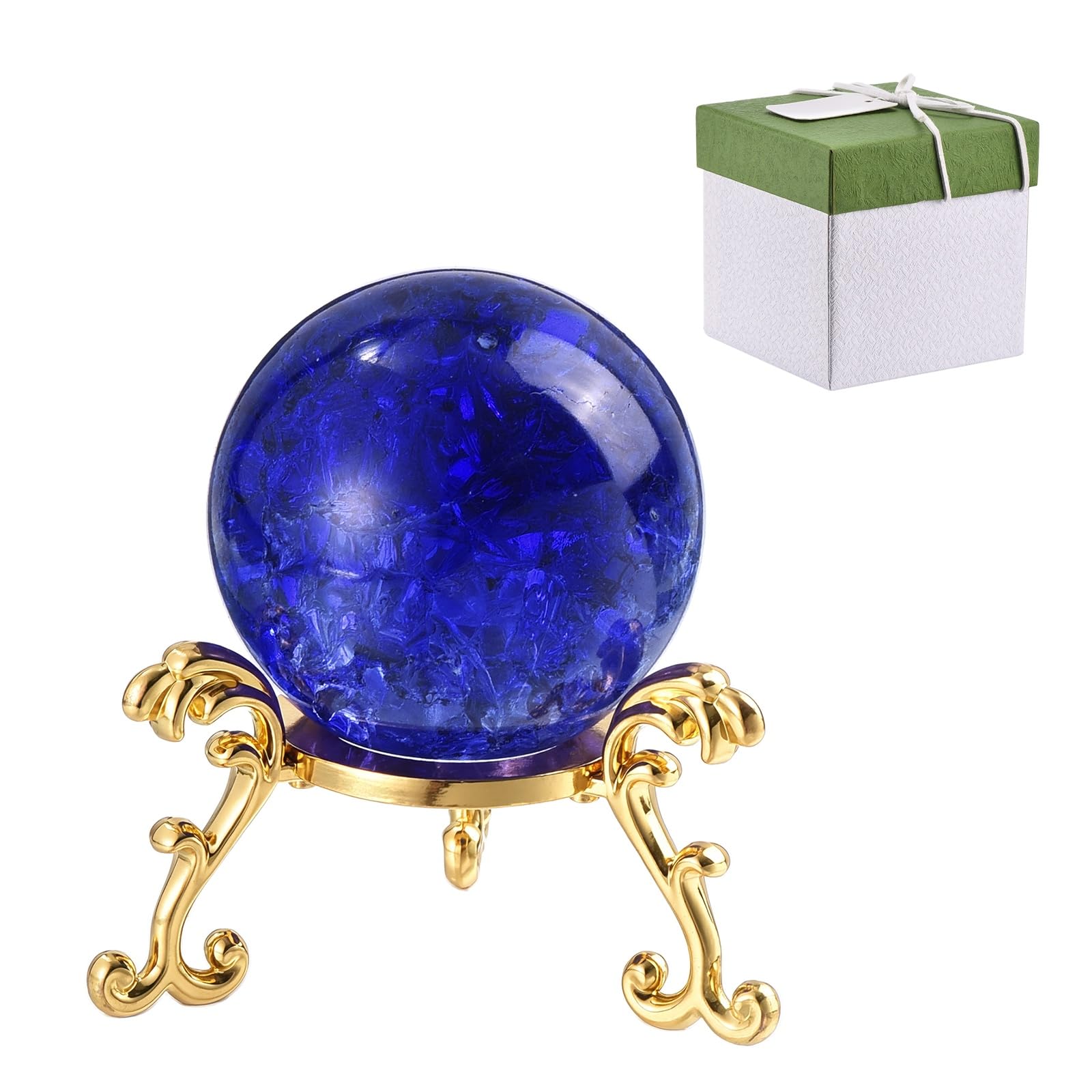 sourcing map 40 mm Round Crystal Sphere with Stand, Crystal Sphere Ice Cracked Decorative Ball Paperweight Gift Box Packaging for Home Decor Ornament Gift Craft Feng Shui Decor, Deep Blue