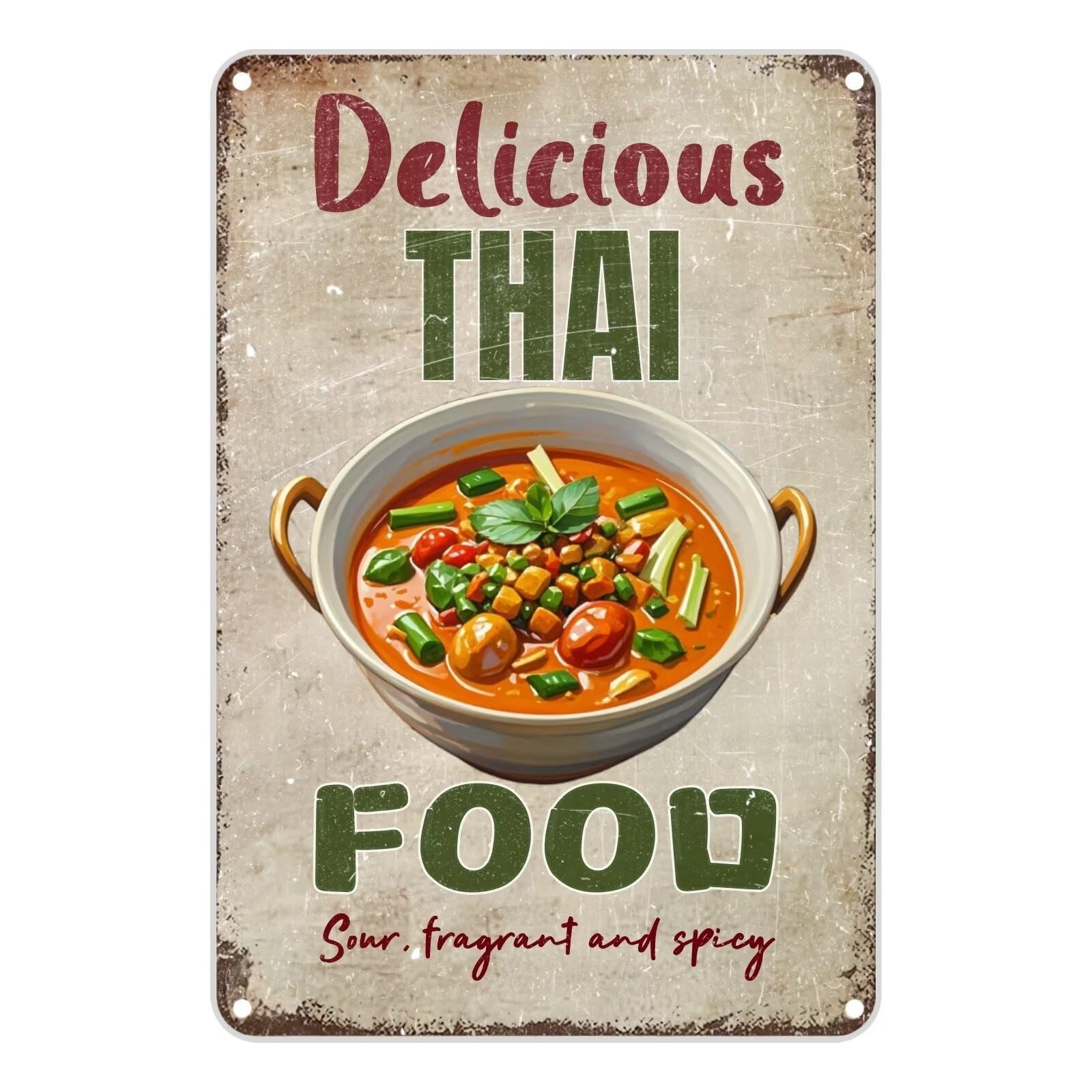 Vintage Metal Sign Aluminum Sign 8x12 inch DELICIOUS THAI FOOD Sour Fragrant And Spicy Red Curry Tin Sign Retro Wall Decor for Home, Cafe, and Garden - For Home Decor