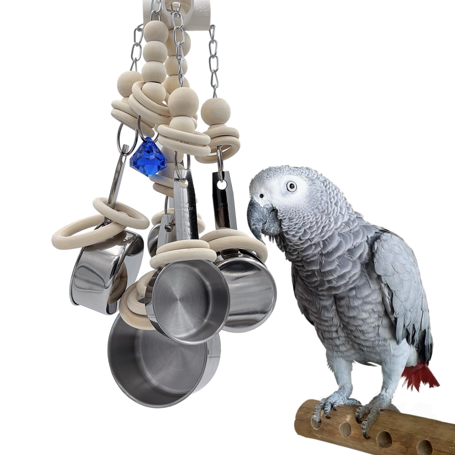 Pots en acier inoxydable et cordes sans colorant, jouets à tirer avec 5 tasses métalliques et anneaux en bois naturel pour perroquets de grande et très grande taille, amazones, aras, gris