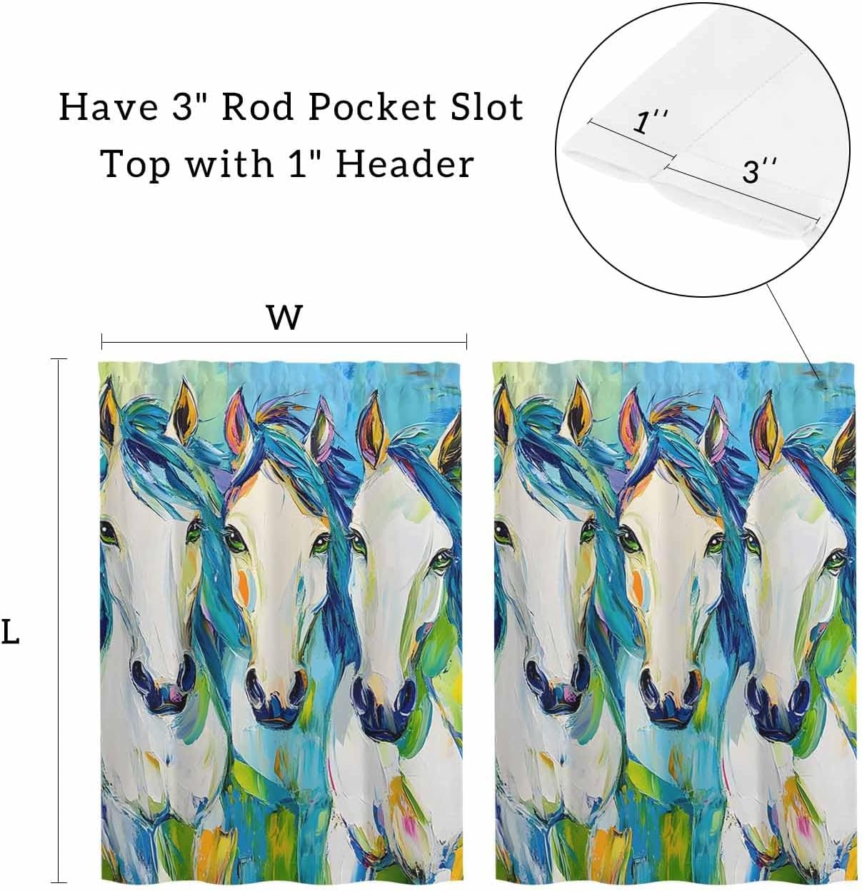 Blue Green Horse Kitchen Curtains - 36 Inch Length Kitchen Window Curtains Over Sink - Short Blackout Curtain for Windows - Abstract Oil Painting Animals Tiers Curtain for Bathroom Window 30"x36"
