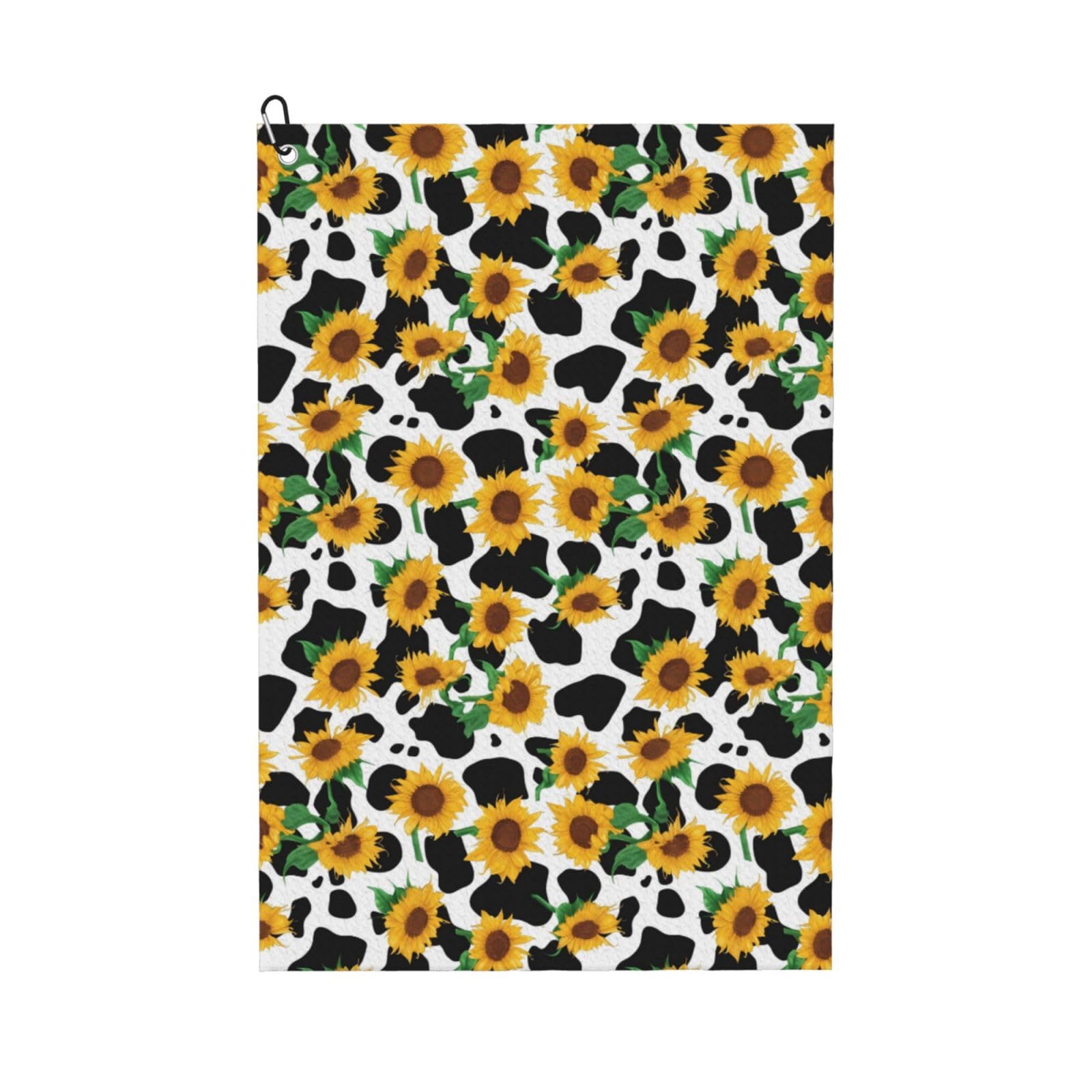AOOEDM Cute Cow Print Sunflower Print Golf Towel with Carabiner Clip Absorbent Microfiber Golf Towel for Cleaning Golf Ball Club Putter Iron for Golf Bag Trolly Belt Loop 16" X 24"