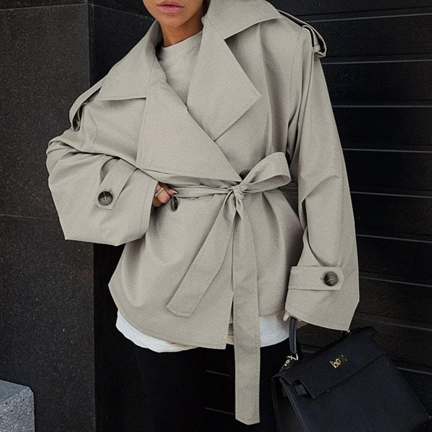 LRF Grey Belted Trench Jacket Oversized Lapel Long Sleeve Outerwear Y2k Trendy Jacket Streetwear
