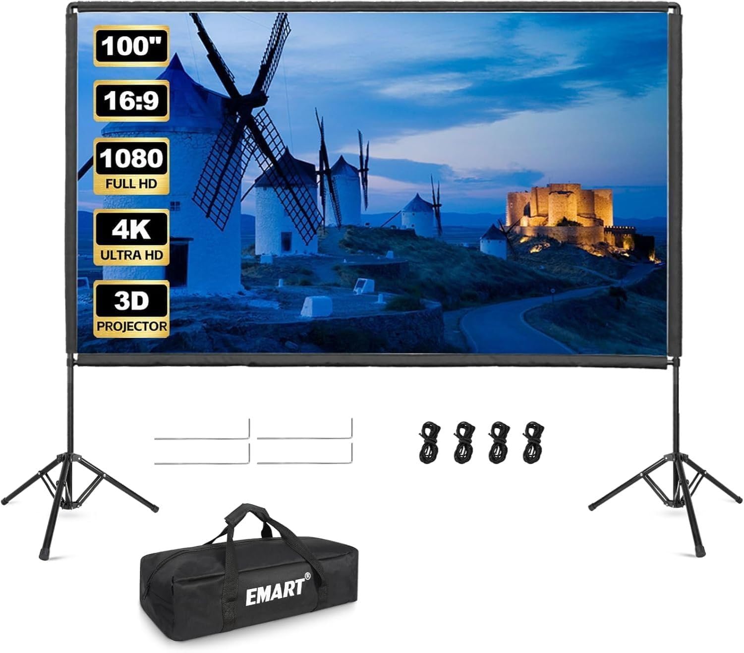 Beamer Leinwand mit Stativ 100 Zoll EMART Tragbar Projektor Leinwand 16:9HD | Projector Screen 4K, Leinwand Beamer mit Ständer, Tragetasche, Theater, Heimkino, Party