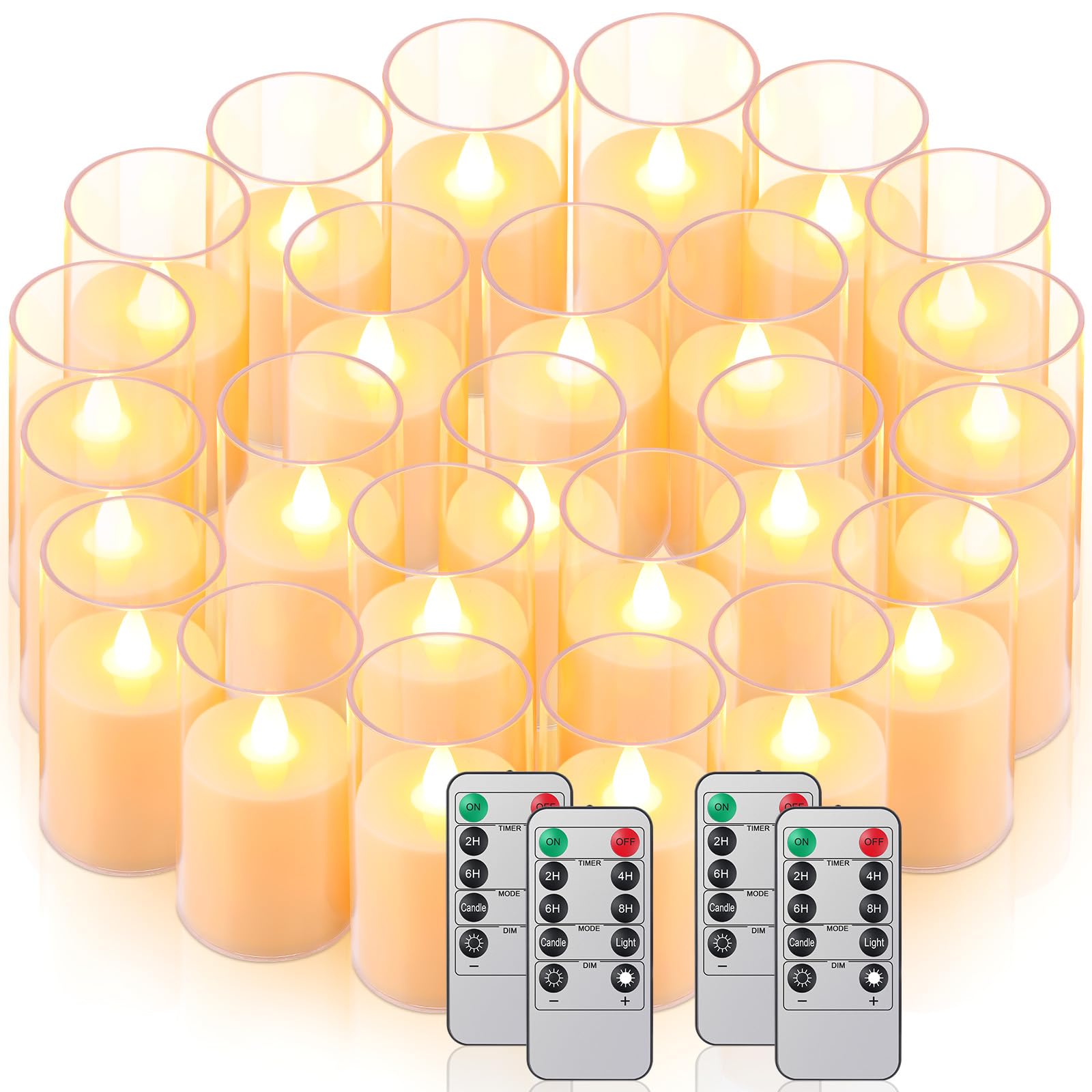 Retisee 24 Pcs Led Pillar Candles Flickering Electric Votive Candles Bulk with 4 Pcs Remotes Battery Operated Flameless Candles with Timer for Wedding Christmas Centerpieces, Clear (2 x 4 Inches)