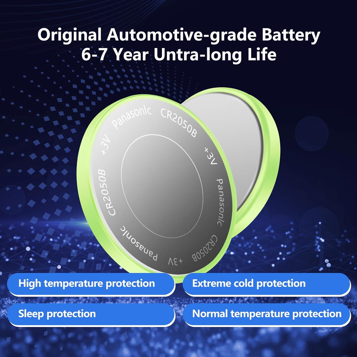 Image of a Panasonic CR2050B battery, highlighting 6-7 year ultra-long life and protections against high temperature, extreme cold, sleep mode, and normal temperature.