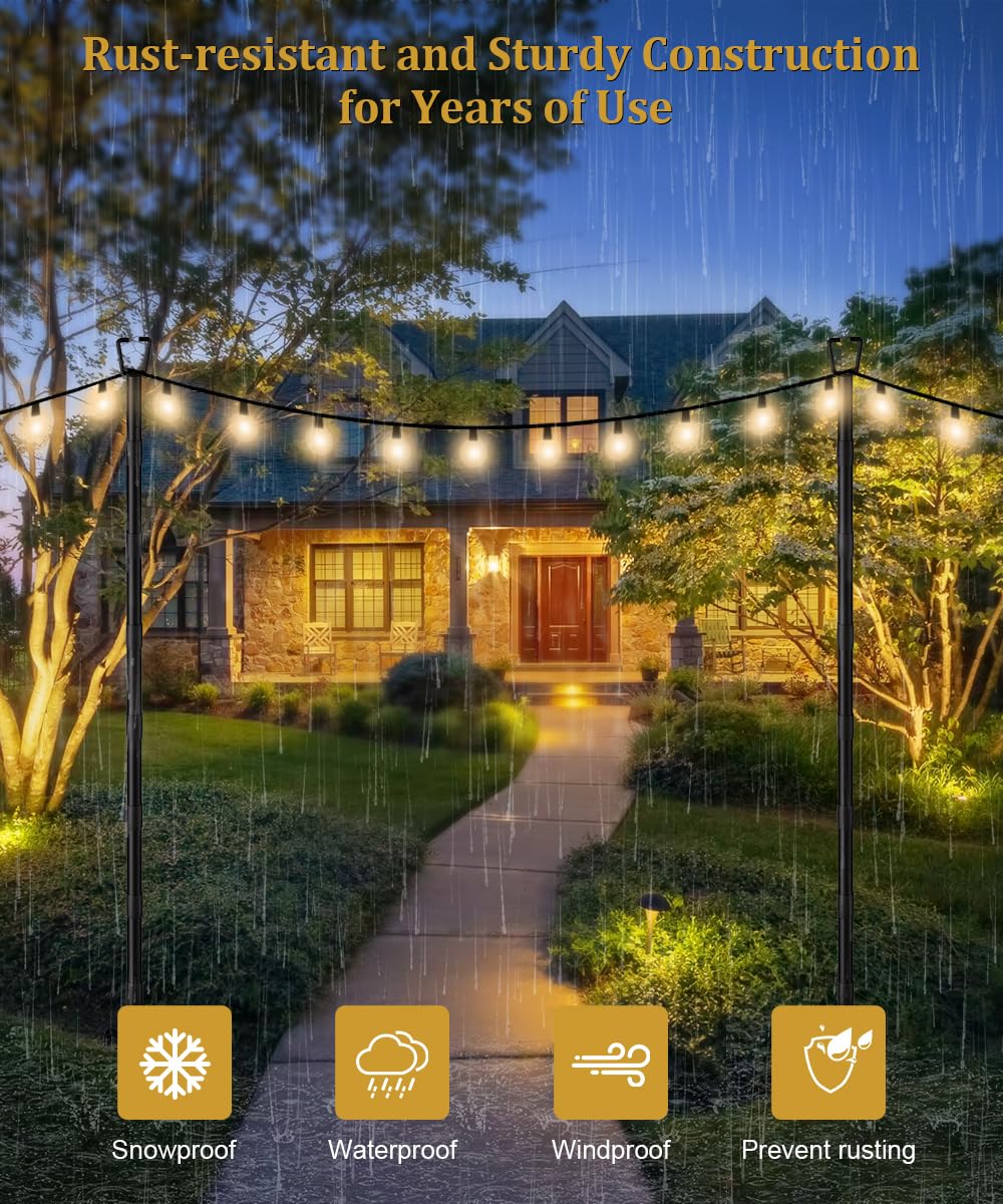 Confezione da 2 pali luminosi da 3 m per decorazione esterna, robusto palo luminoso con forchetta, pali in metallo regolabili per patio esterno, cortile, terrazza, giardino, feste, matrimoni