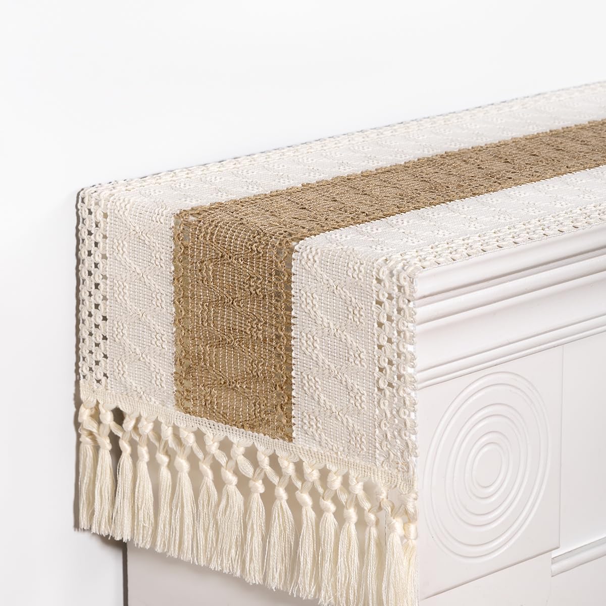 DeZerlor Boho Macrame Table Runner Farmhouse Woven Small Table Runner with Tassels 48 Inches Ivory& Burlap Brown Cotton Linen Kitchen Table Decor for Dining Dresser Home Tea Table Decor
