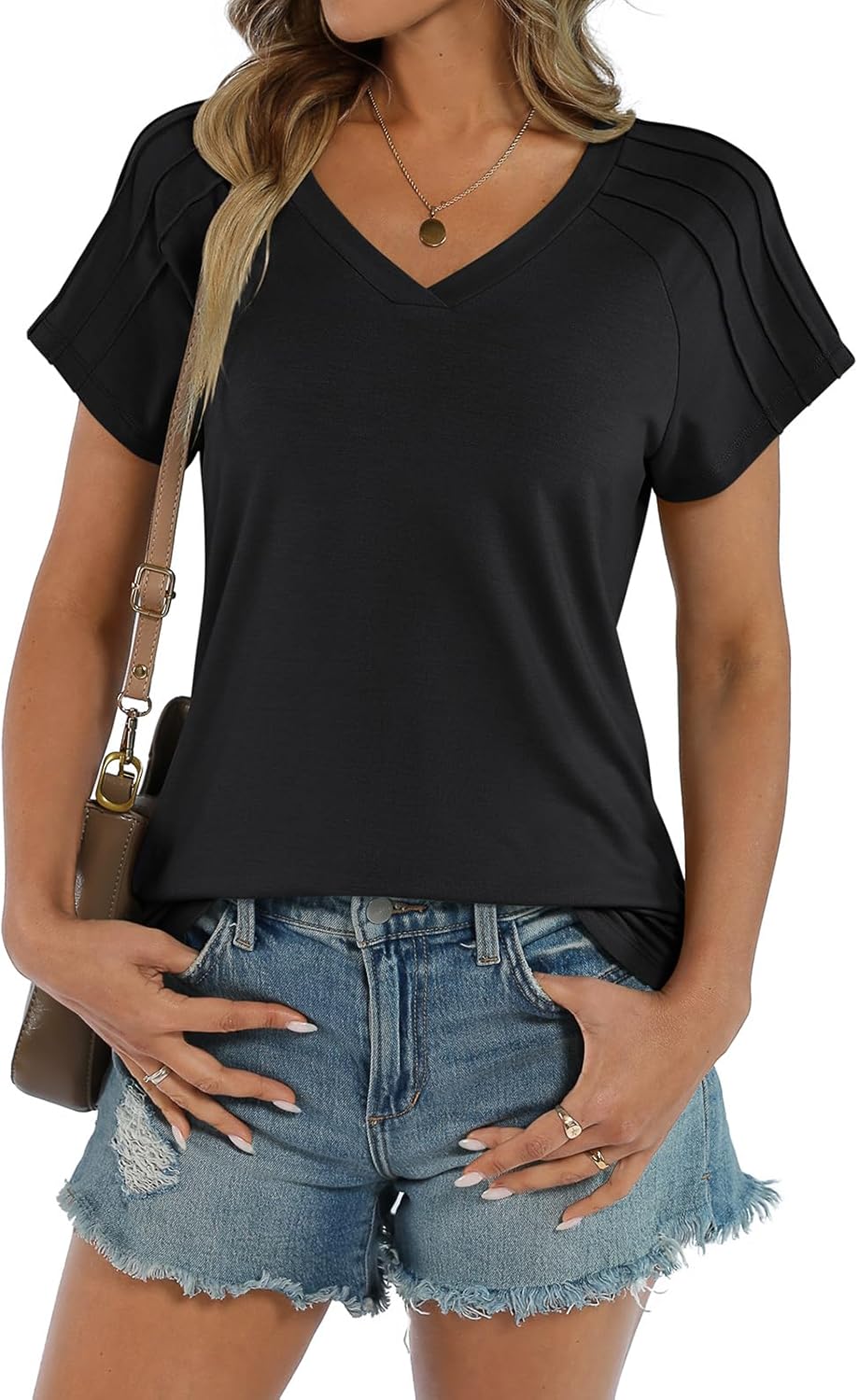 Women V Neck Pleated Short Sleeve Tops Summer Casual Tee Shirts Relaxed Basic Tunic Blouse - Image 2