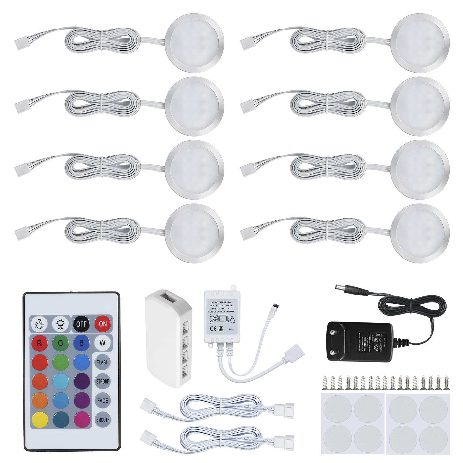 Lixada 8PCS RGB LED Kabinett Licht Installationssatz mit Fernbedienung für Bücherschrank Wandschrank, Dünne Runde Form Unterbauleuchte Farbändernde Dimmable Helligkeit Justierbar