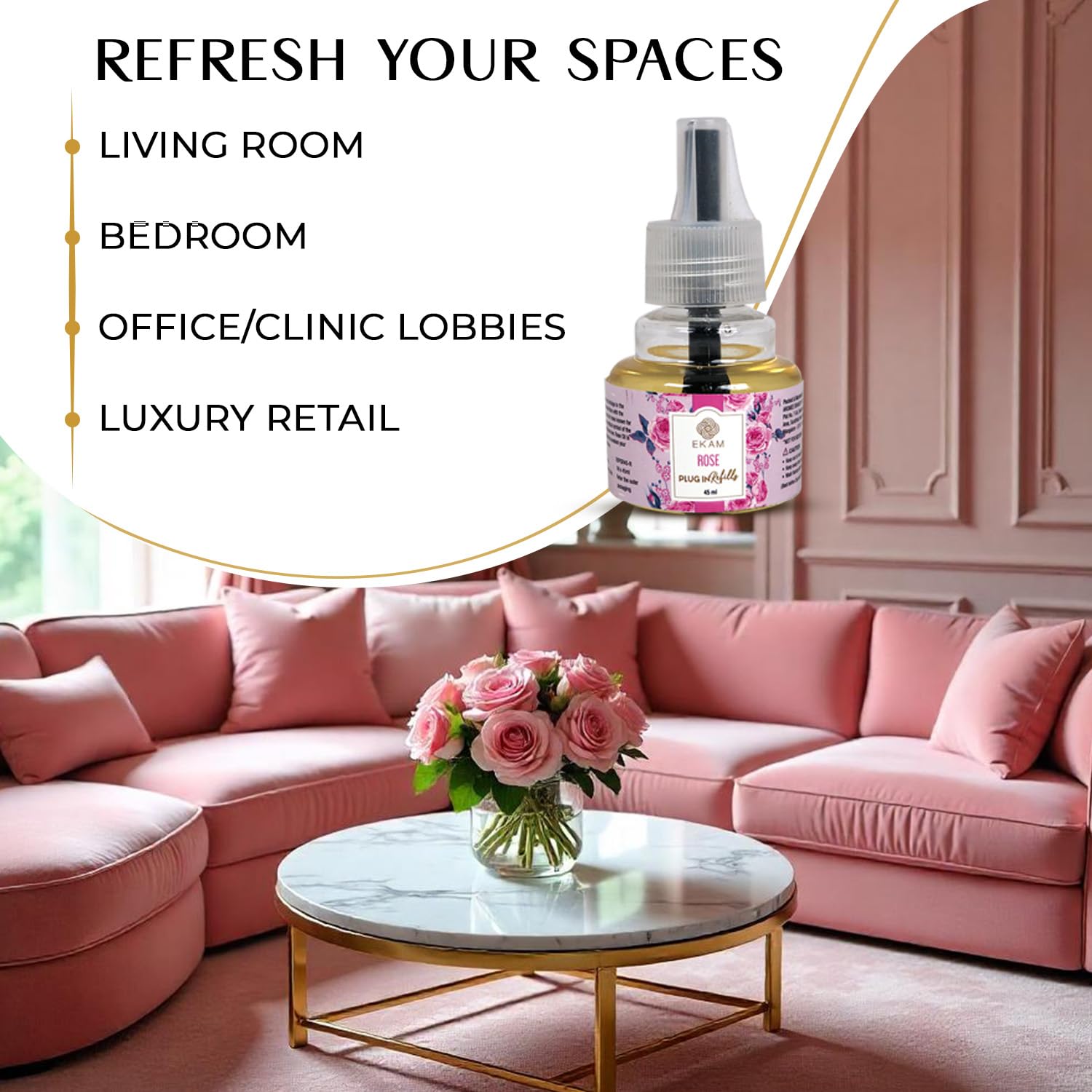EKAM Plug-In Air Freshener Kit (Machine + 45ml Refill) | Rose Scent | Long-Lasting Aroma for 125 Days / 500 Hours | Ideal for Rooms & Bathrooms - Image 7 thumbnail