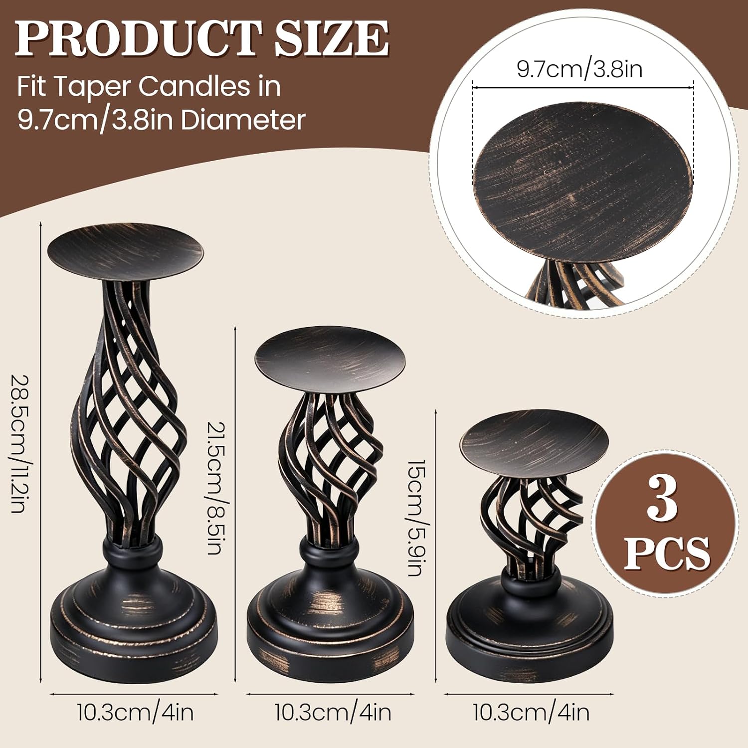 GOESWELL Black Pillar Candle Holder：Vintage Candle Holders Set of 3 for Table Centerpieces Living Room - Metal Openwork Candle Pillar Holder Large for Mantle Farmhouse Wedding - 6"/8.3"/11.2"