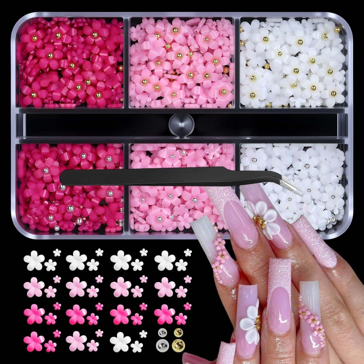 Flower Nail Charms 3D Resin Pink White Floral Nail Gems with Gold Silver Beads Design Cute Multi Size Nail Jewels Shiny Tiny Petal Nail Art Supplies for Women DIY Nail with Tweezers 6 Grids 1 Box