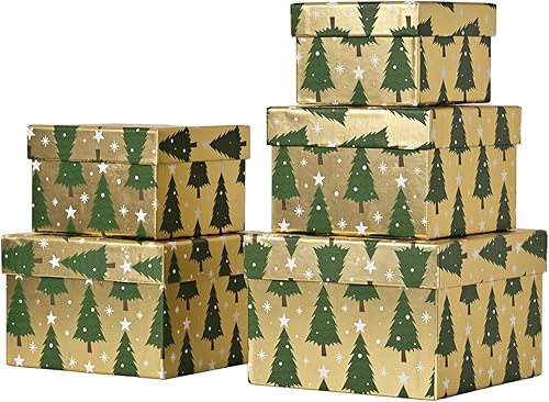 PAPER FAIR Juego de 5 cajas de regalo de Navidad, papel de aluminio dorado verde árbol de Navidad cuadrado plano caja anidada de cartón con tapa,