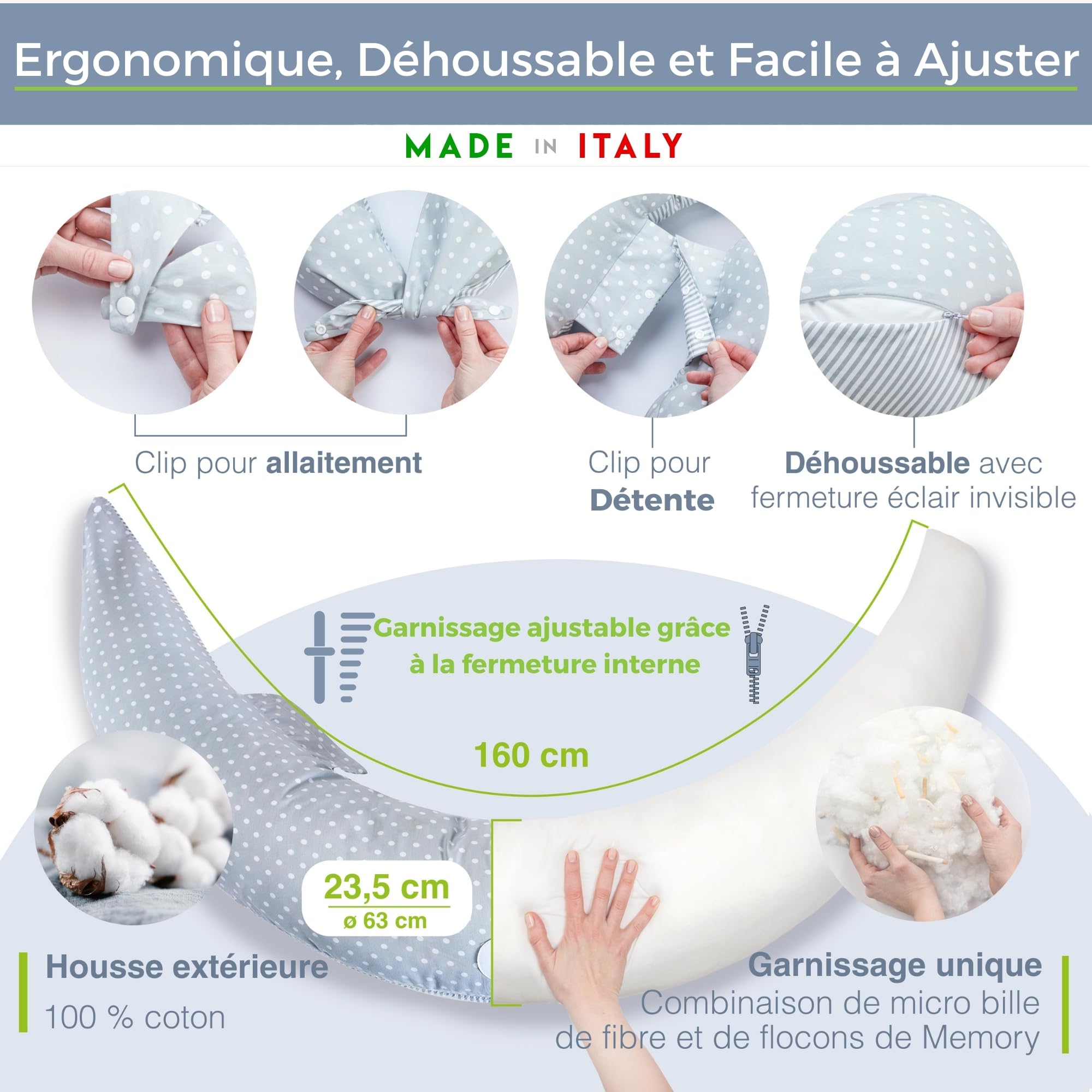 Dilamababy Coussin de Grossesse et d’Allaitement en Flocons de Mousse Mémoire et Boules de Fibre – Oreiller de Maternité Ergonomique – Housse Coton Amovible – Fabriqué en Italie