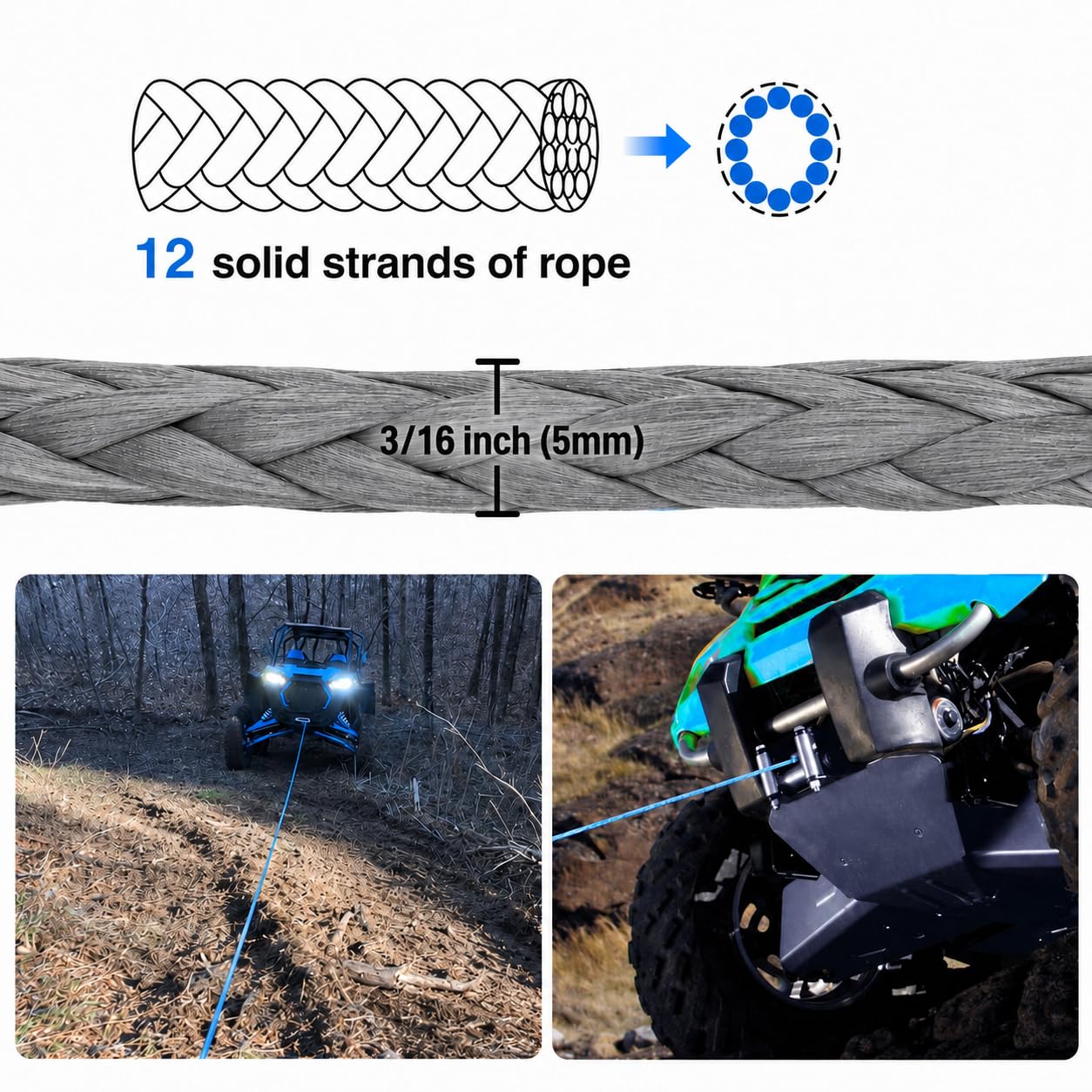 Ucreative Syntetyczna lina linowa do wciągarki, 3,8 kg, z czarnym rękawem ochronnym, do ATV UTV, 3,8 kg, 3/16 cala x 150 m, szara
