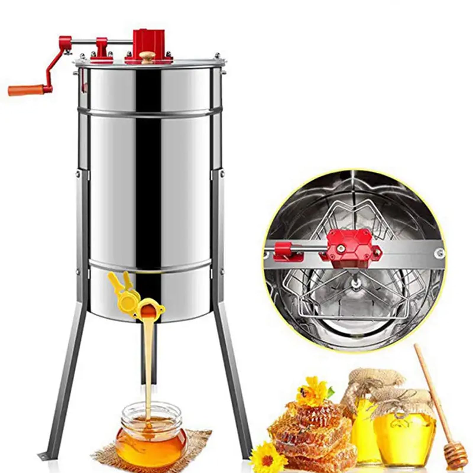 Estrattore di Miele, 3 Frame Manuale in Acciaio Inox estrattore, Smielatore Centrifuga con Coperchio Trasparente, Altezza 108cm(avec Support)