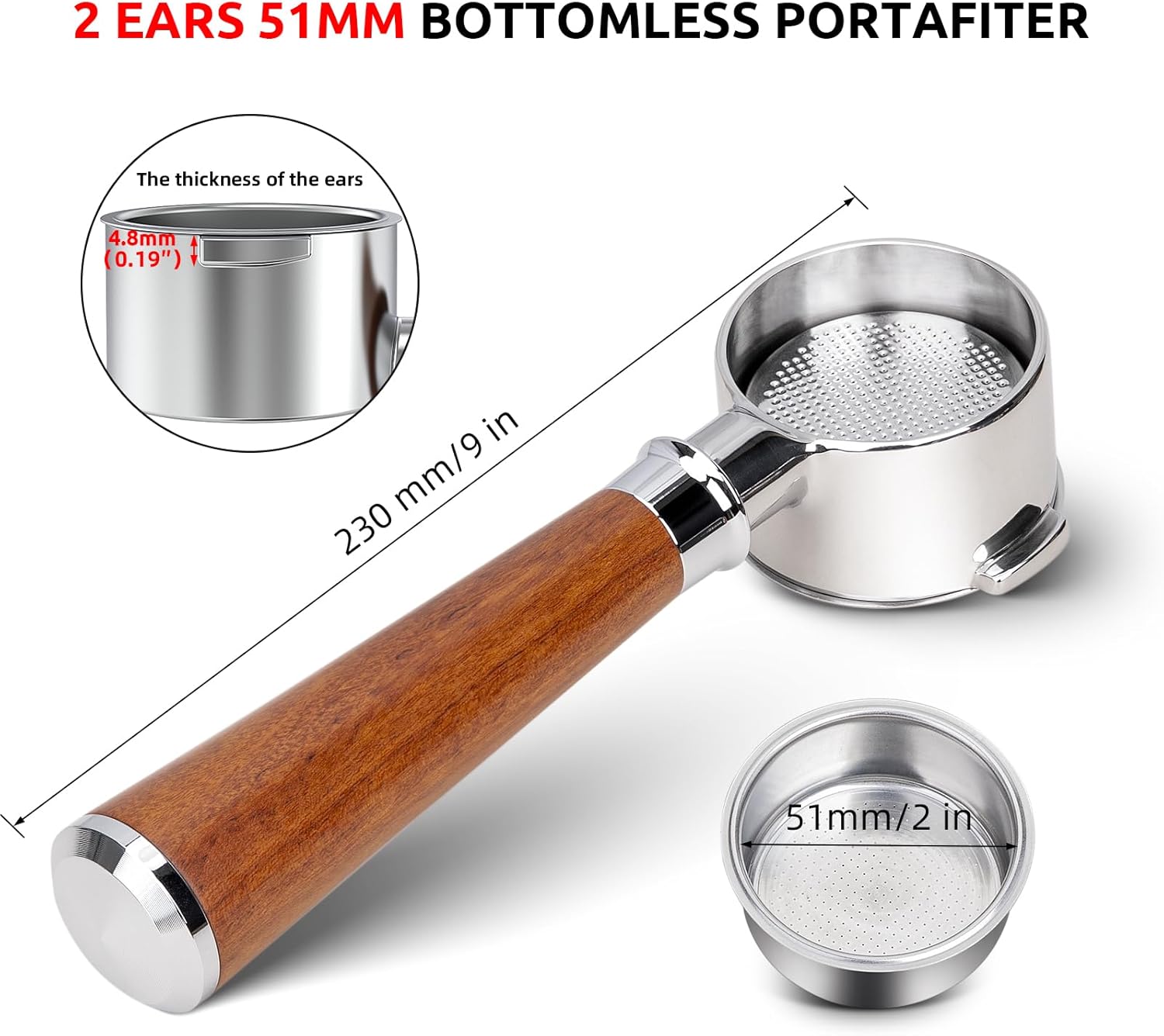 51mm Bottomless Portafilter 2 Ears for Delonghi ECP3420/EC155/BCO430/EC260,Natural Wood WDT Espresso Stirrer Tool Espresso Distribution Tools