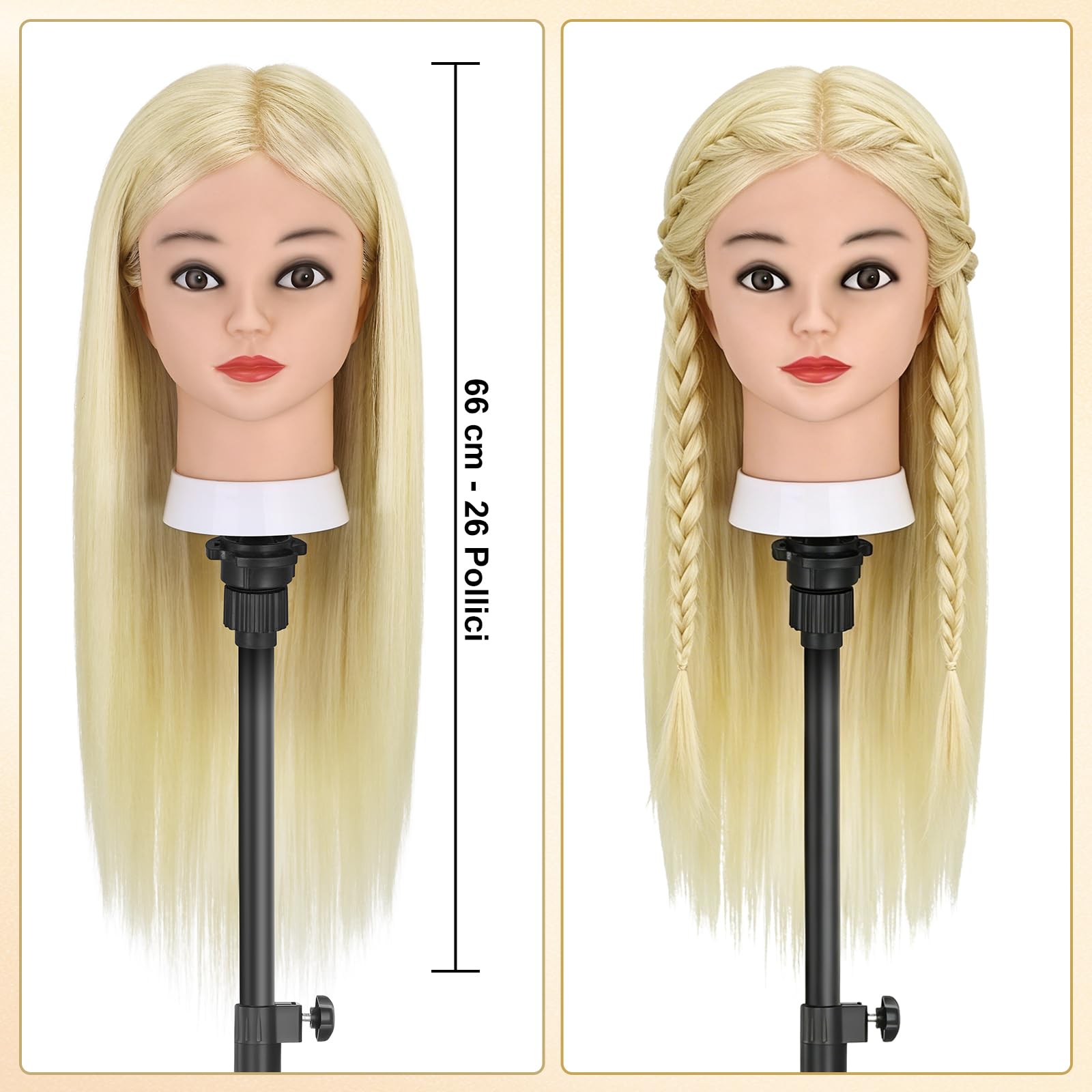TwoWin Testina Parrucchiere con Capelli 80% Naturali - 26 Pollici /66 cm Manichino per Formazione Acconciature con Morsetto e Kit Extension (Biondo) - 2
