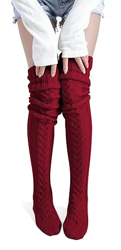 Pcavin Women's Thigh High Socks Over the Knee Cable Knit Boot Socks, Long Warm Fashion Leg Warmers Winter - One Size - Wine2025