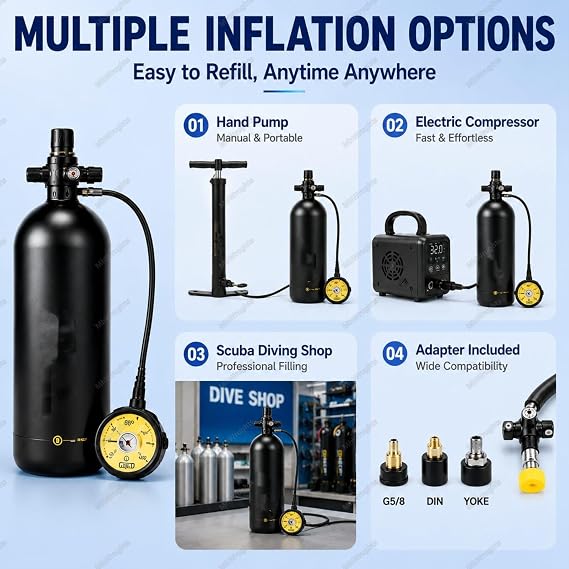 Scuba Diving Tank Equipment 3000PSI, 3L4L Portable Pony Bottle with Backpack & Pressure Gauge, 6061 Aluminum Tank for Underwater Recreation Backup Air Black3L-A