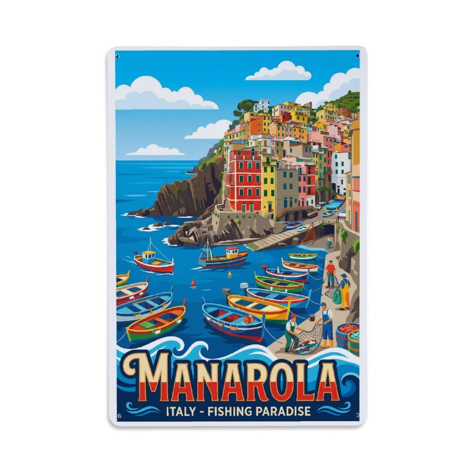 Huiyhb 8X12inch(20X30cm) Vintage Travel Manarola Italy Fishing Metal Tin Sign