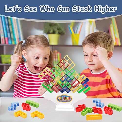 Miniatura 4 de HiToys Juego de equilibrio Tetra Tower de 48 piezas, juego de bloques de construcción apilables Tetris, juegos de mesa Montessori para niños y
