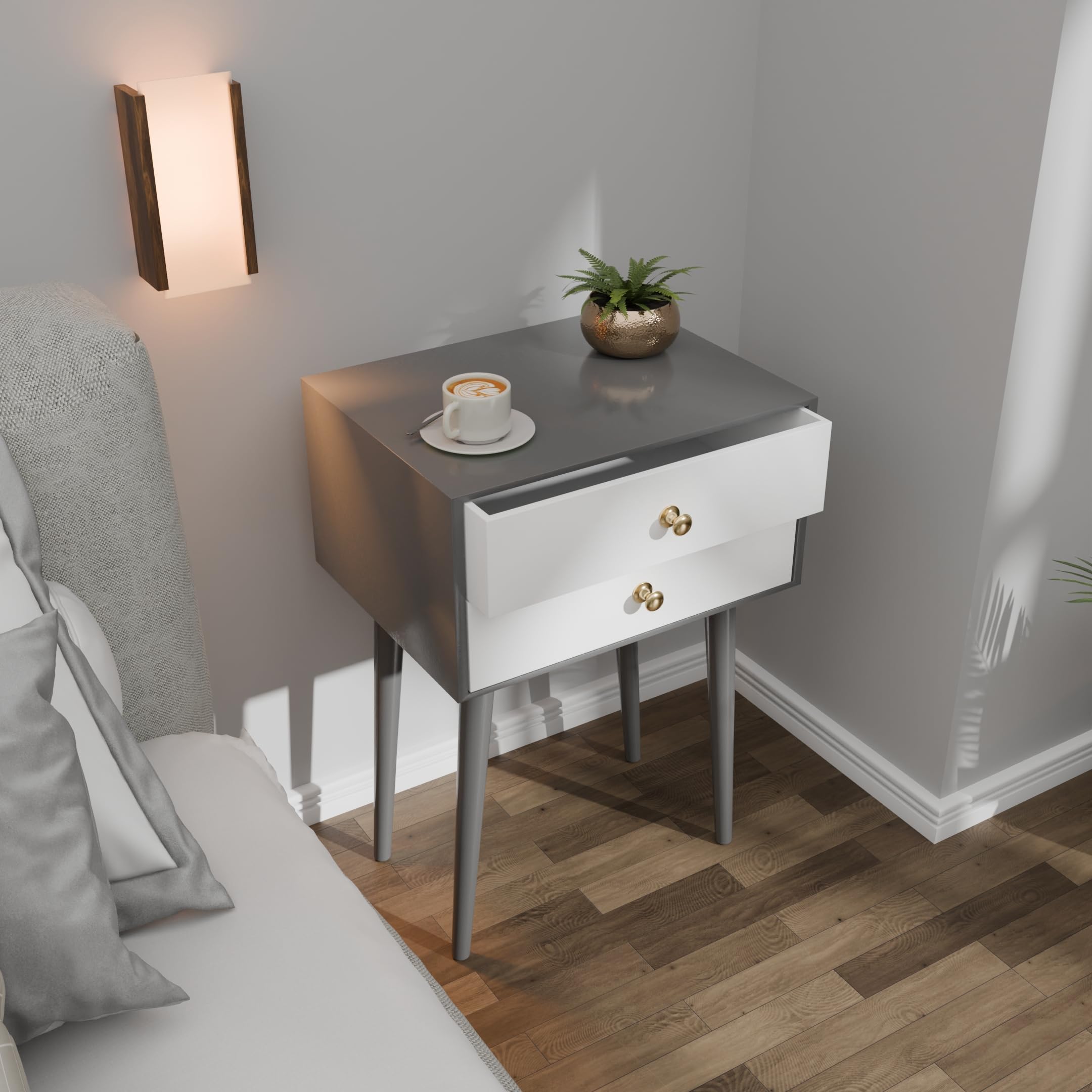 Modern Bedside Table with Solid Wood Legs Minimalist and Practical Bedside Table End Side Table with 2 Drawer Storage for Bedroom & Living Room (Grey & White)-image-22