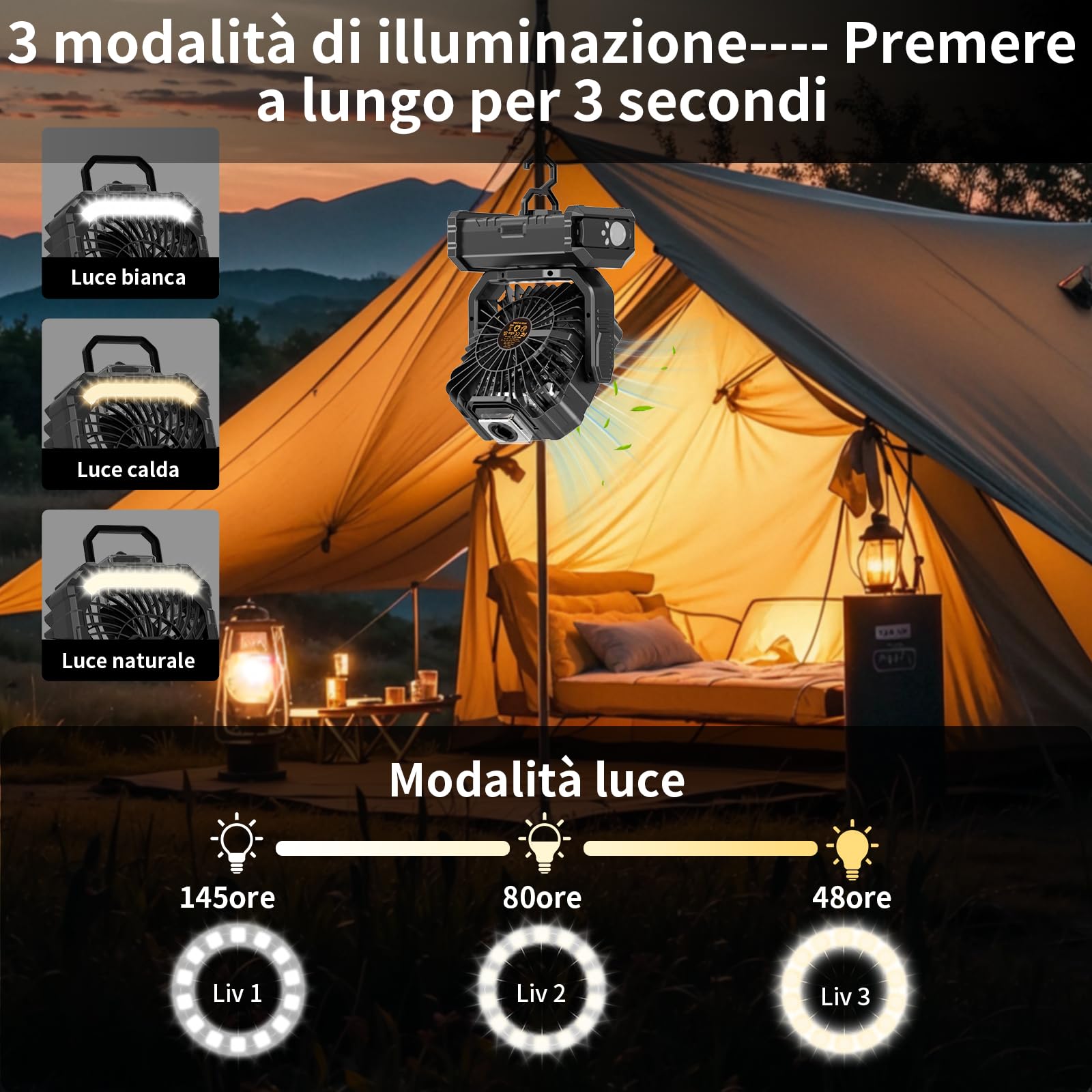 Ventilatore da Campeggio Portatile 20000mAh con Nebulizzatore e Luce LED – Ricaricabile, con Gancio e Telecomando, Ideale per Esterno, Tenda e Spiaggia - Nero | Ricaricabile,con Luce LED,con Gancio e Telecomando, Ideale per Esterno, Tenda e Spiaggia