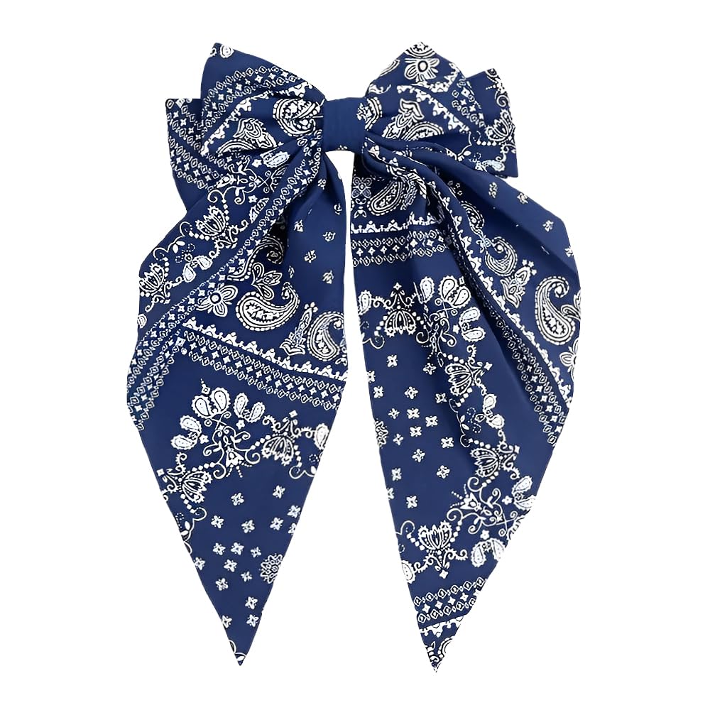 Navy Blue Bandana Print Bow Hair Clip for Women Girls Large Hair Bows for Girls Women French Paisley Barrette Hairpins for Thick Fine Hair Boho Bow Hairpin