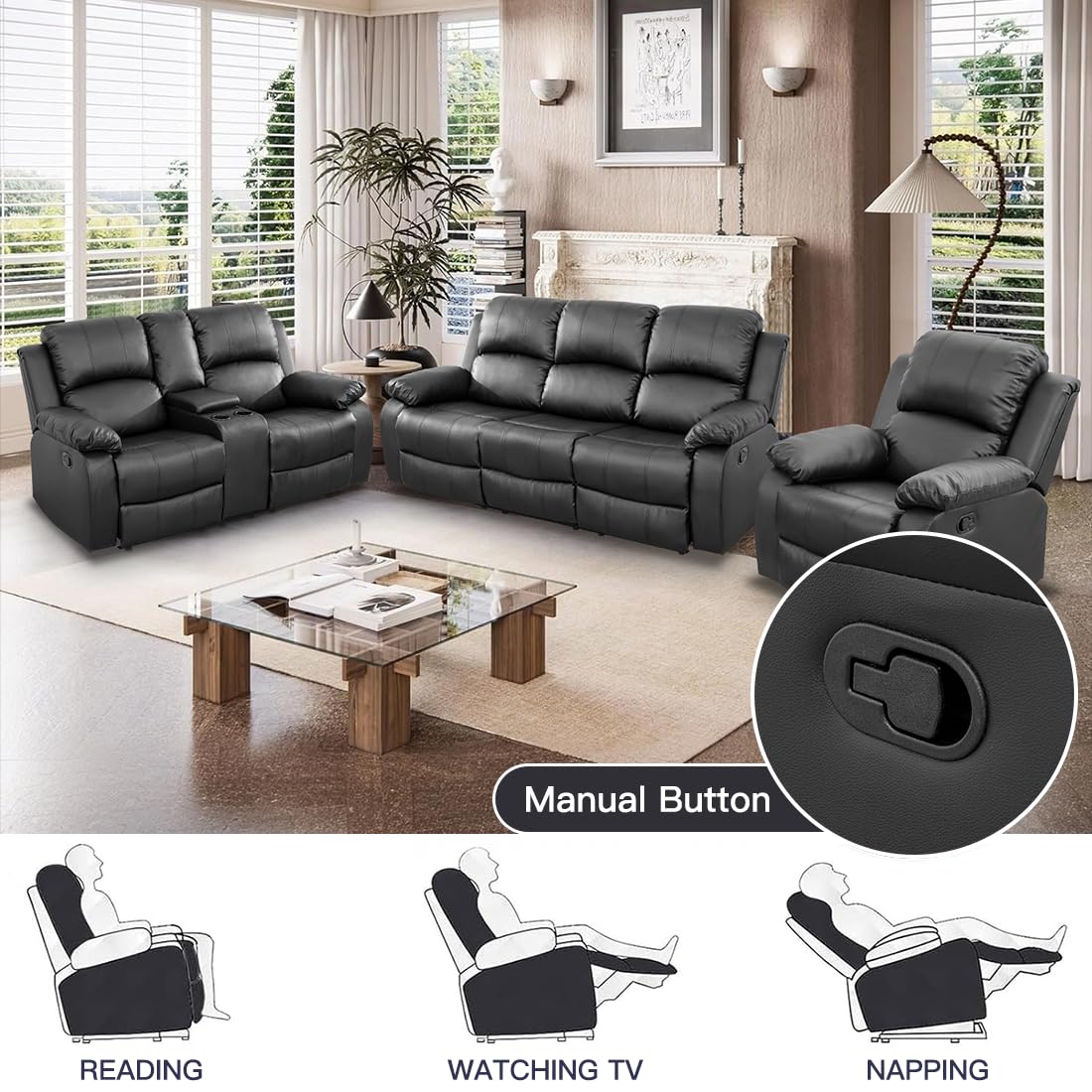 Toseslo Manual Reclining Couch Sofa Set with Drop-Down Table, 3 Pieces Black Leather Recliner Couch Sets, Living Room Furniture Sets, Recliner Sofa with Storage Console/Cup Holder for Home/Apartment view 5