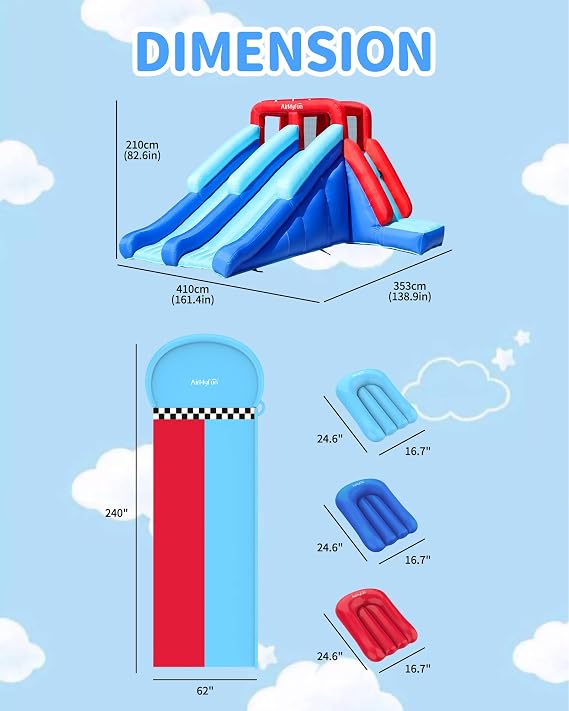 AirMyFun Inflatable Water Slide with Long PVC Sliding Runway, Water Park for Kids with Dual Racing Slides and 2 Inflatable Surfboards, 450W External Blower Included, Summer Backyard Party Toy