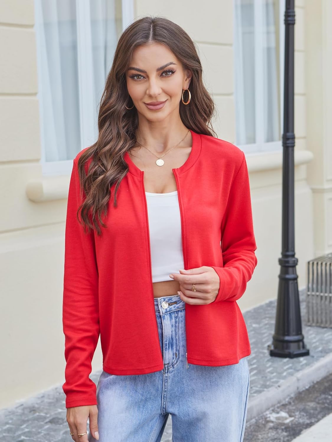 Yekaty Womens Zip Up Cropped Cardigan Sweater Long Sleeve Lightweight Casual Open Front Knitted Jacket - Image 2