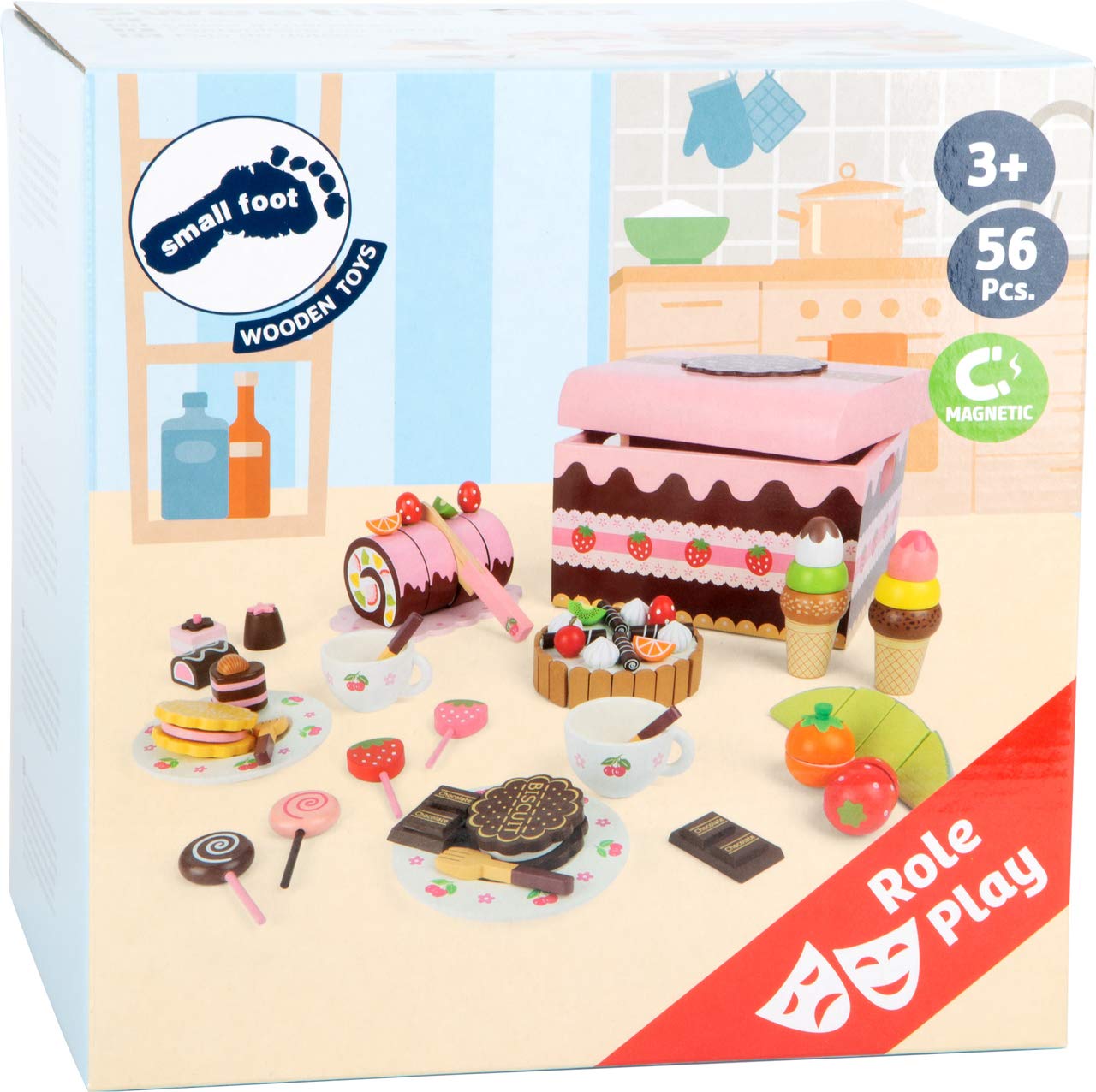 2847 Contenitore per dolciumi small foot, Scatola di caramelle di legno, accessori per negozio e cucina da gioco per bambini con dolci, 56 pz., da 3 anni di età