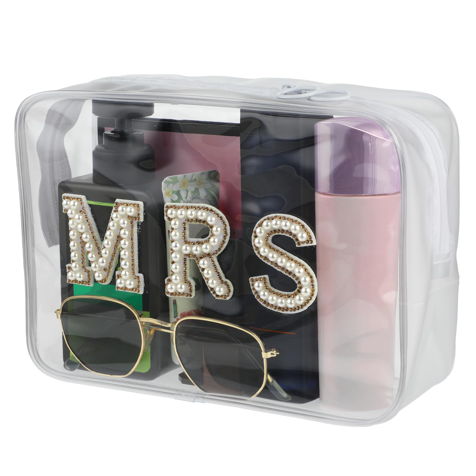 cobee Bride Makeup Bag, Bride Pearl Makeup Bags Rhinestone Letter PVC Cosmetics Bag Pearl Letter Patch Bride Pouch Toiletry Bags for Bachelorette Party Women Wedding Bridal Shower(Mrs)