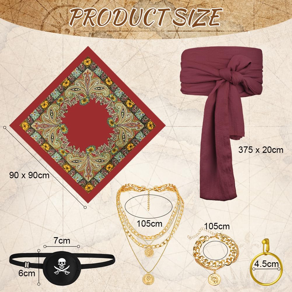 Alaoo Kit Accessori Pirata, Capitano Pirata Costume Accessori, Accessori Costume da Pirata con Cintura Bandana da Pirata, Accessori per Costume da Pirata per Halloween Carnevale Festa