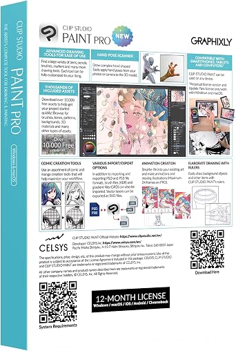 CLIP STUDIO PAINT PRO - جديد | ترخيص 12 شهرًا | جهاز واحد | لأجهزة الكمبيوتر الشخصية، macOS، iPad، iPhone، Galaxy، Android، Chromebook