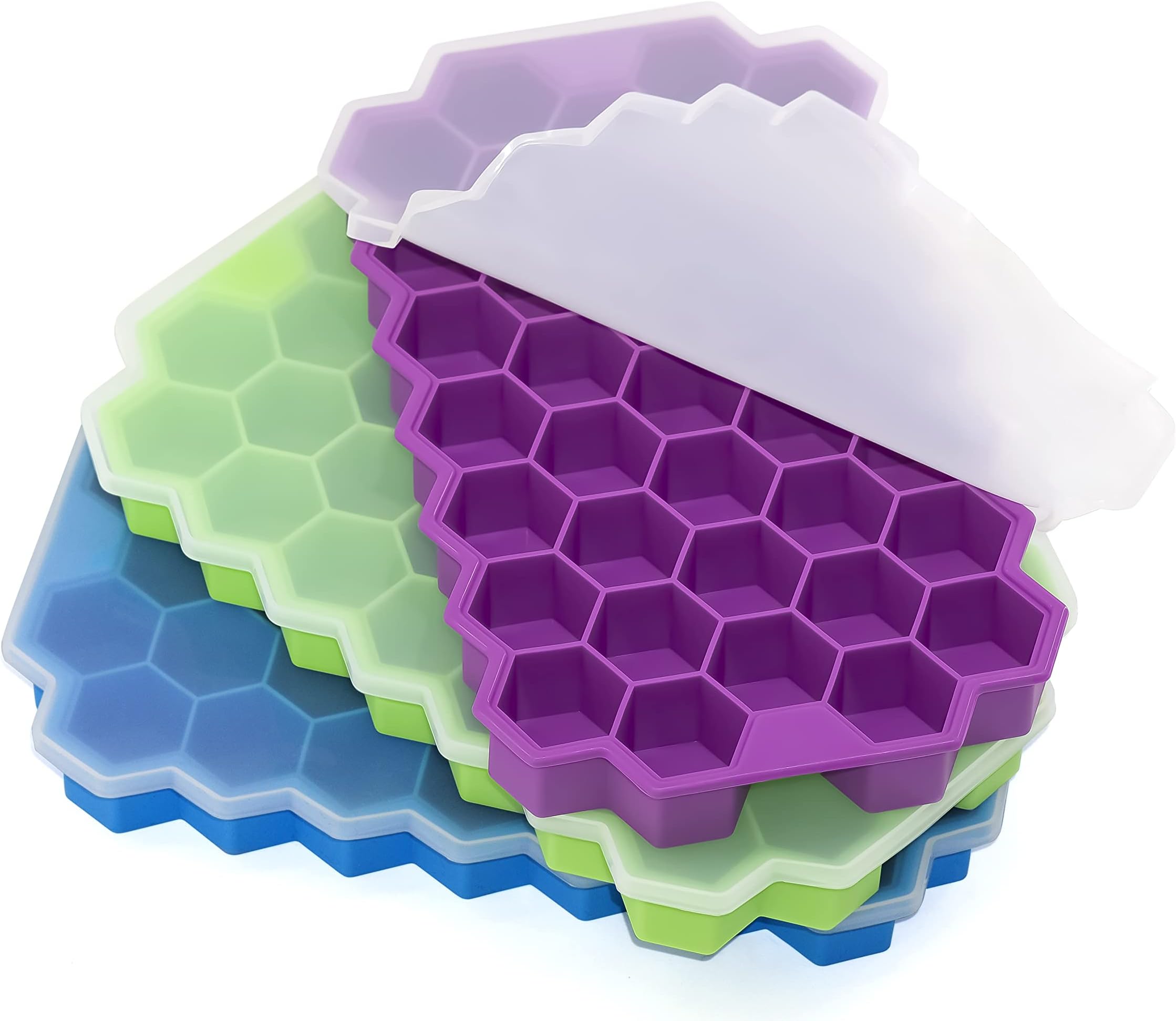 3 Pack Ice Cube Trays, Flexible Silicone Ice Tray with Stackable Durable Lid and Easy-Release Cube Molds for Cocktail, Whiskey, Baby Food, Chocolate, Freezer, Dishwasher Safe & BPA Free