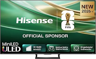 Hisense 85E8DS Fernseher 85 Zoll, 4K UHD, Hi-QLED Mini LED, Smart TV, 144Hz, Hi-View AI Engine, Dolby Vision.Atmos, Unibody Slim, FreeSync Premium, AI-Lichtsensor, Game Bar, Tuned by Devialet