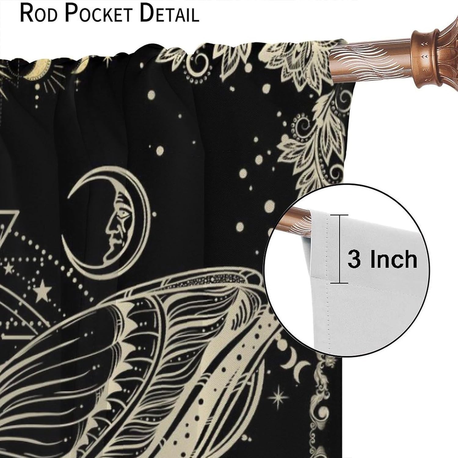Baroque Moon Phase Curtains, Golden Black Gorgeous Geometric Star Floral Moth Butterfly Pattern Window Treatments, Blackout Rod Pocket Drapes for Living Room Bedroom Bathroom Kitchen 72x63in