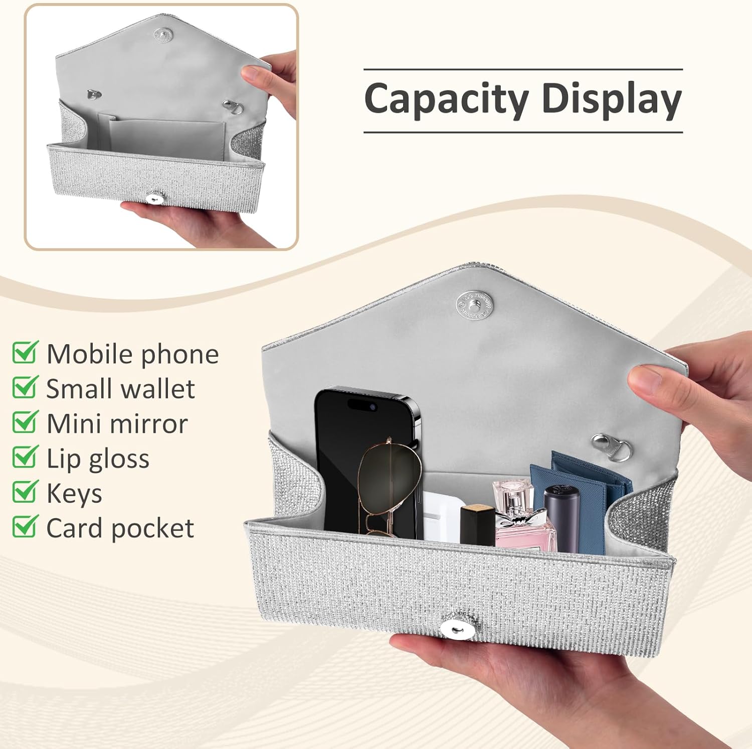 PACETAP Rhinestone Clutch Purses for Women, Sparkly Glitter Evening Bags Handbag Crossbody Bag for 1920s Party Wedding Engagement Prom(Silver) - Image 5